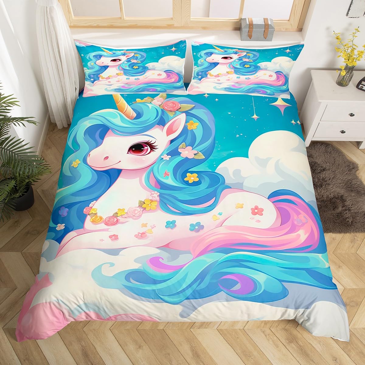Manfei Cute Unicorn Kids Duvet Cover Set Double Size, Kawaii Cartoon Unicorn Bedding Set for Girls Princess Women Room Decor, Floral Unicorn Comforter Cover, Soft Polyester Quilt Cover, 2 Pillowcases