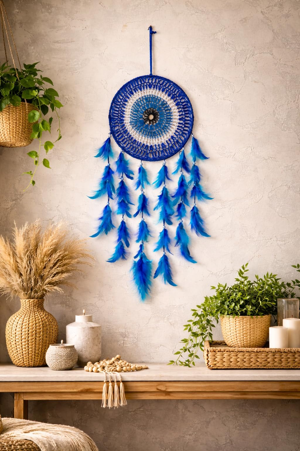 FEATHRA Handmade Blue Crochet 8 Inch Dream Catcher with Feathers – Boho Wall Decor for Bedroom, Nursery & Living Room – Hanging Wall Art Decoration-image-33