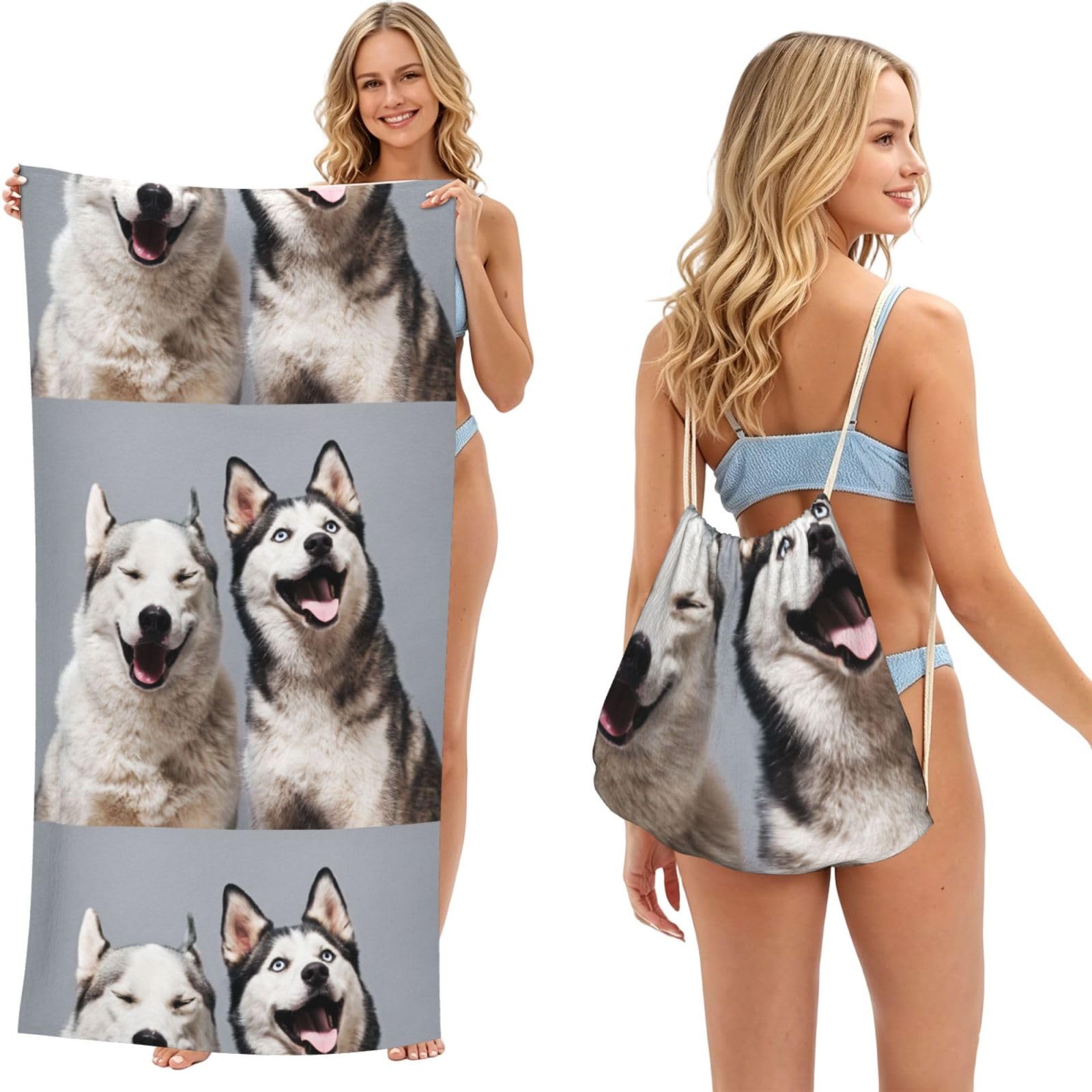 Poadnly As Picture Husky Printing, 2 In 1 Packable Towel Bag, Beach Towels With Drawstring Backpack For Travel Holiday Camping