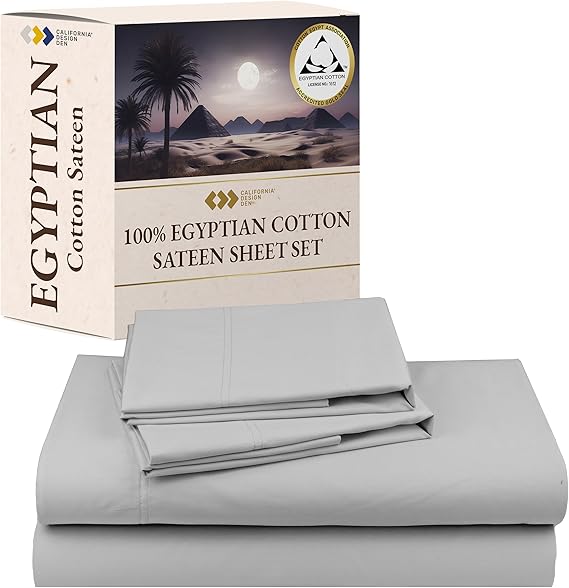 Certified Luxury 100% Egyptian Cotton Bedsheets, California King Bed Sheets, Bedding Sheets & Pillowcases Set, Sateen Cool Sheets for Hot Sleepers, Light Grey Sheets