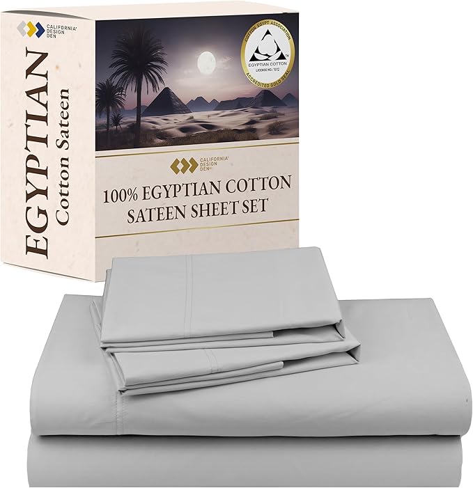 Certified Luxury 100% Egyptian Cotton Bedsheets, California King Bed Sheets, Bedding Sheets & Pillowcases Set, Sateen Cool Sheets for Hot Sleepers, Light Grey Sheets