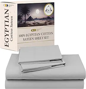 Certified Luxury 100% Egyptian Cotton Sheets, Queen Size Sheet, Deep Pocket Bed Sheets Set, Sateen Cooling Sheets for Hot Sleepers, Queen Egyptian Cotton Sheet Set, Light Grey Queen Sheet Set