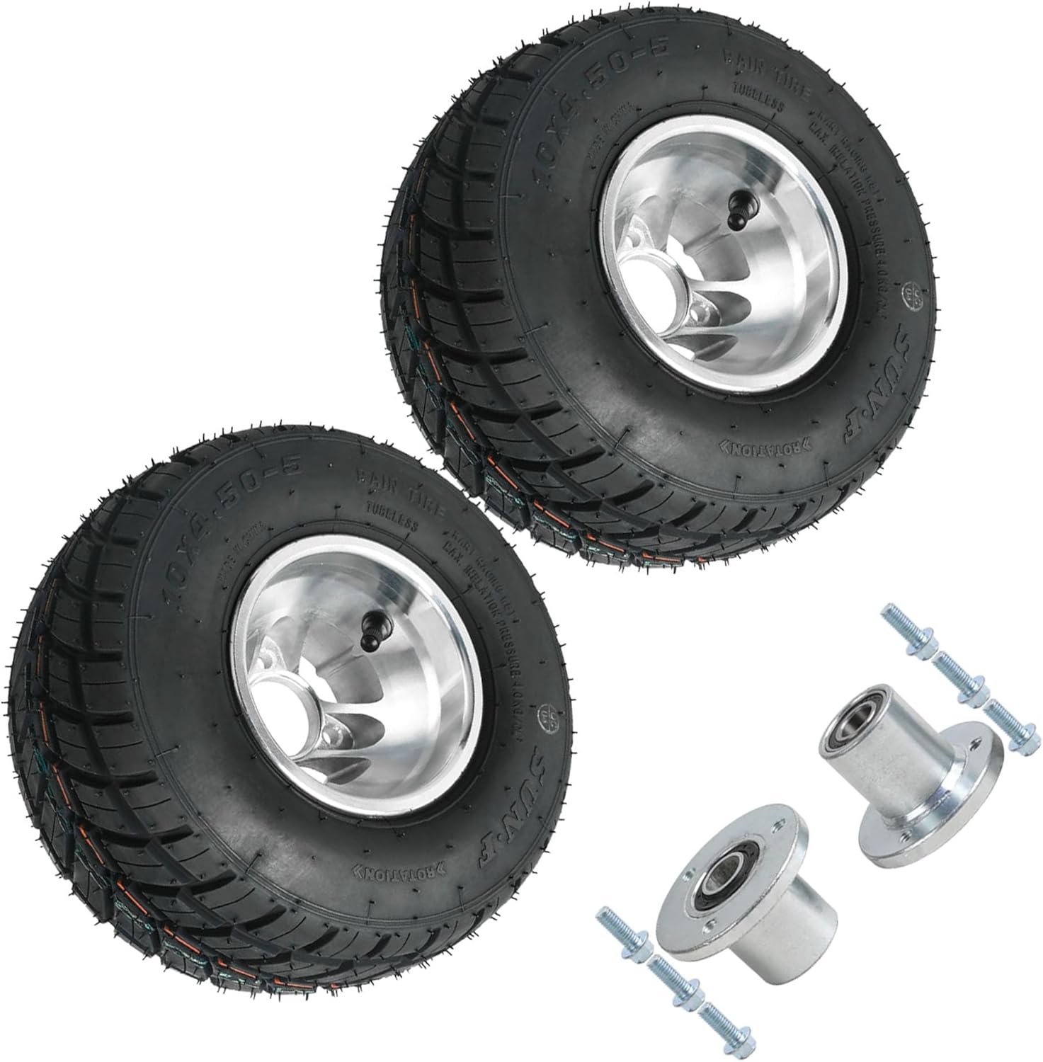 10x4.50-5 Go Kart Front Wheel Set, Tubeless Racing Tire on Rim with 3 Stud Hubs, 4-Ply Rain Road Tire for Go Karts, ATVs, Mini Bikes, Drift Trikes, Golf Carts