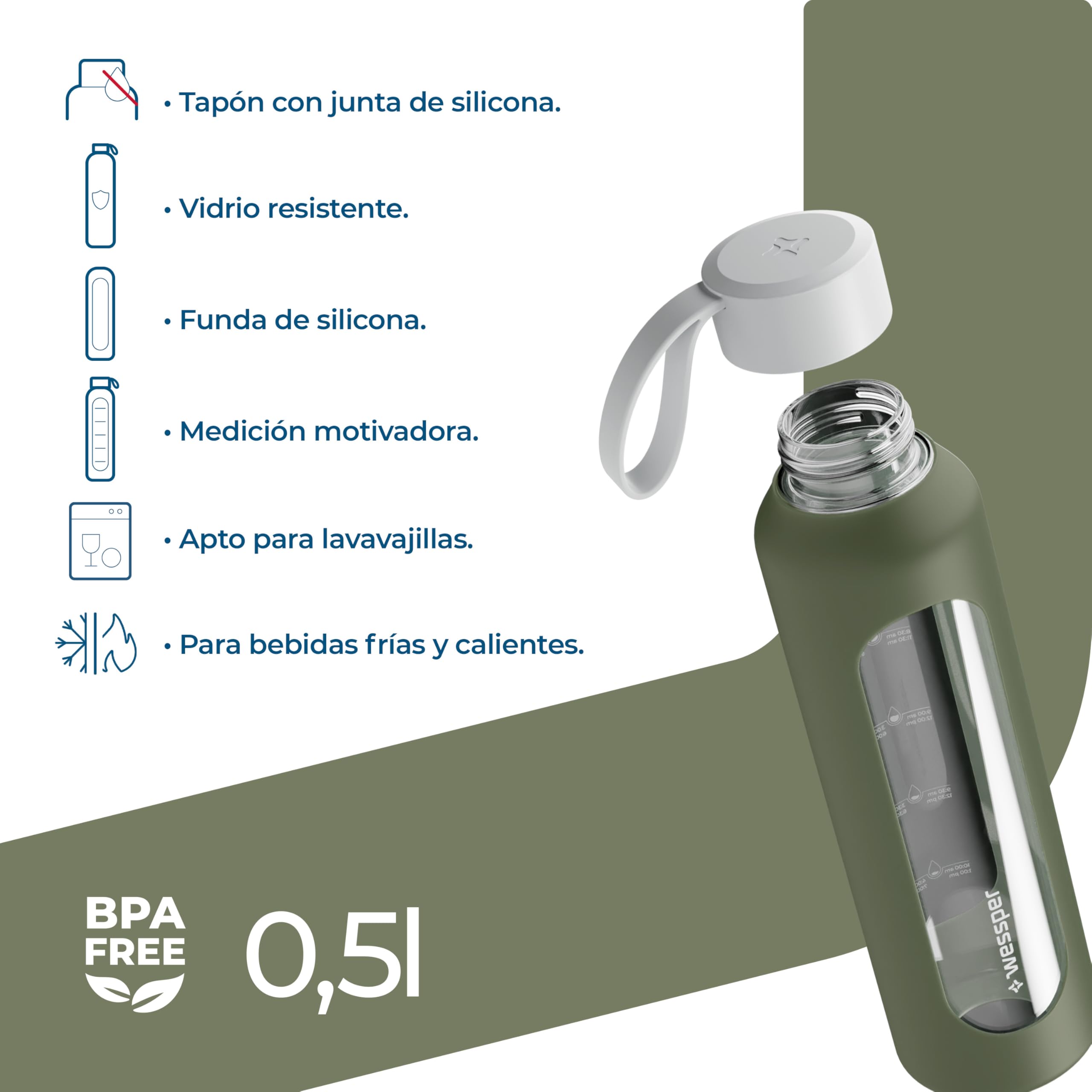 Wessper Botella de Agua Cristal, Botella 500 ml Motivadora con Escala de Hidratación, Botellas de Vidrio Borosilicato con Funda de Silicona, Material Seguro sin BPA - Oliva — view 2