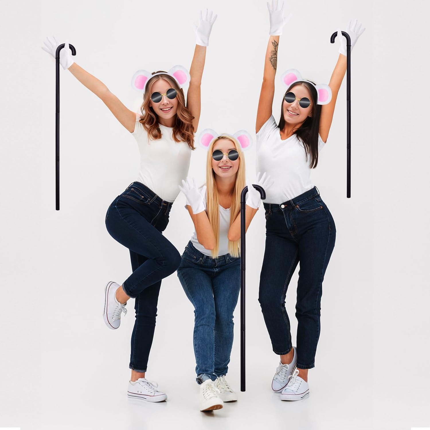 3 Set Mouse Costume Accessories, Mouse Ears Headband Sunglasses Blind Cane White Gloves for Halloween Adult Women Men - Image 5