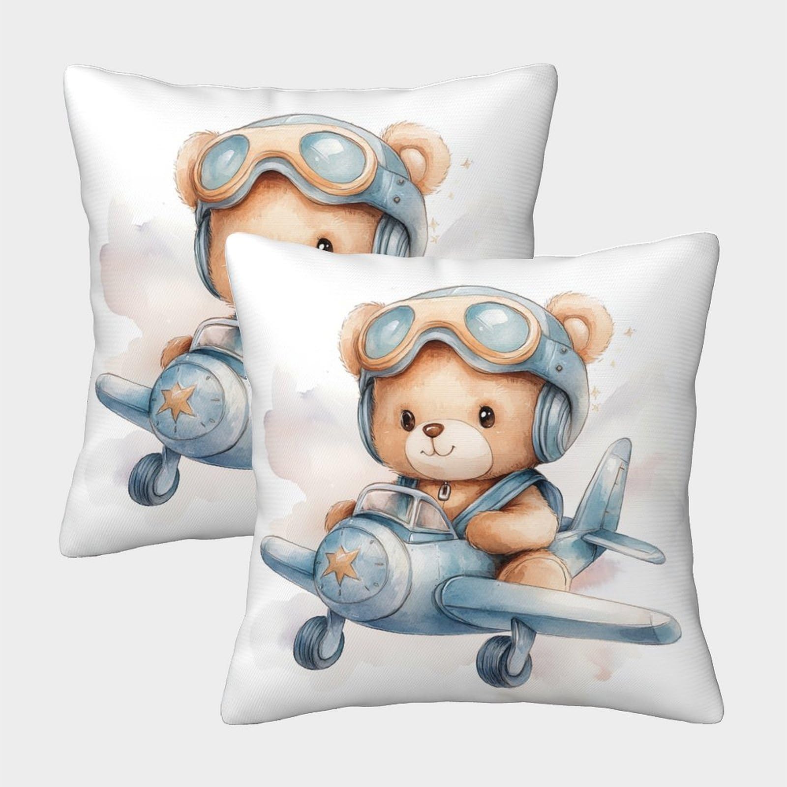 QFVANSIYO 3D Printed Aviator Bear Pillowcase Soft Microfiber Bedroom Decor Flying Theme Pillow Cover for Adults Teens 50x50cm
