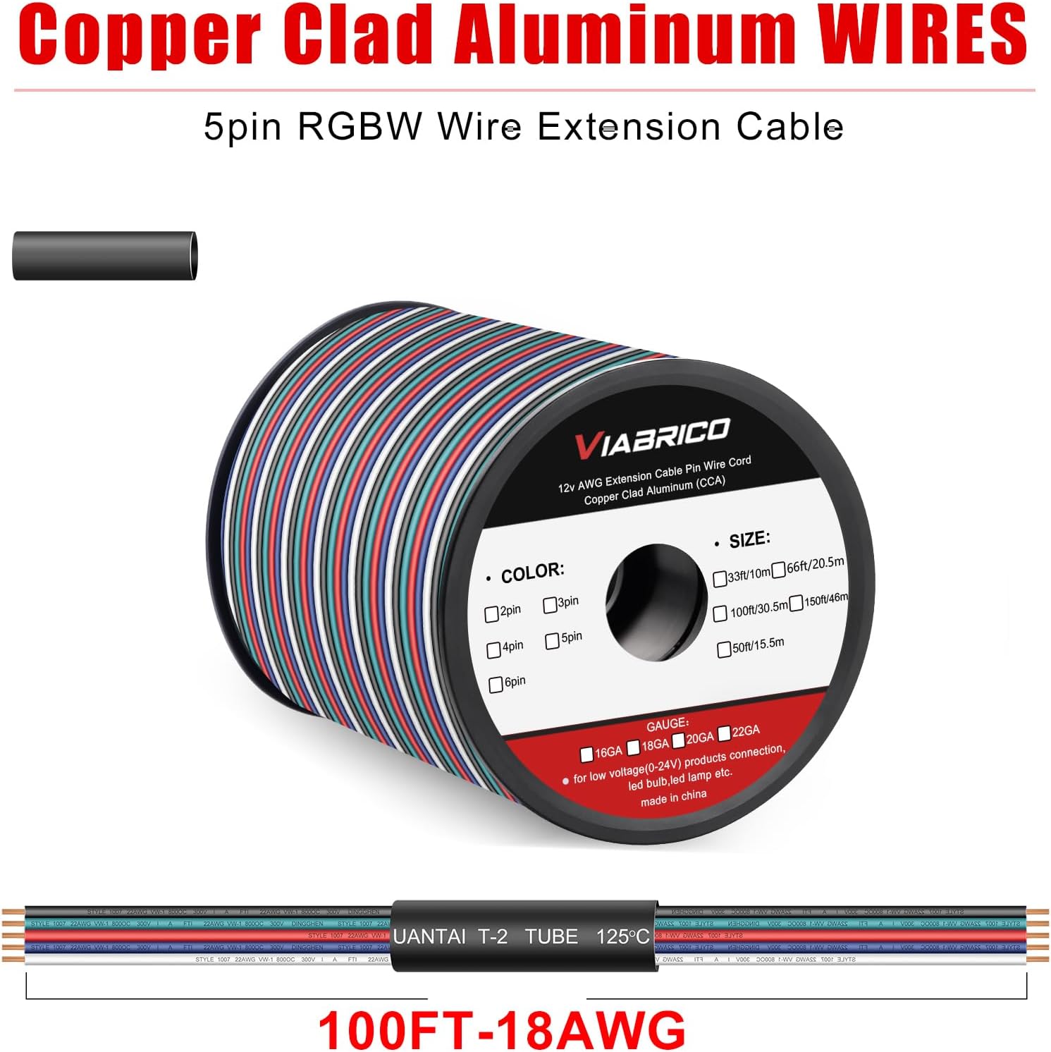 VIABRICO 100ft RGBW LED Extension Cable 18 Gauge 5Pin 12V DC Electrical Wire 5 Colors 18AWG Wires with 10PCS shrinkable Tubes for RGBW 3528 5050 Led Strip Copper Clad Aluminum Copper Wire