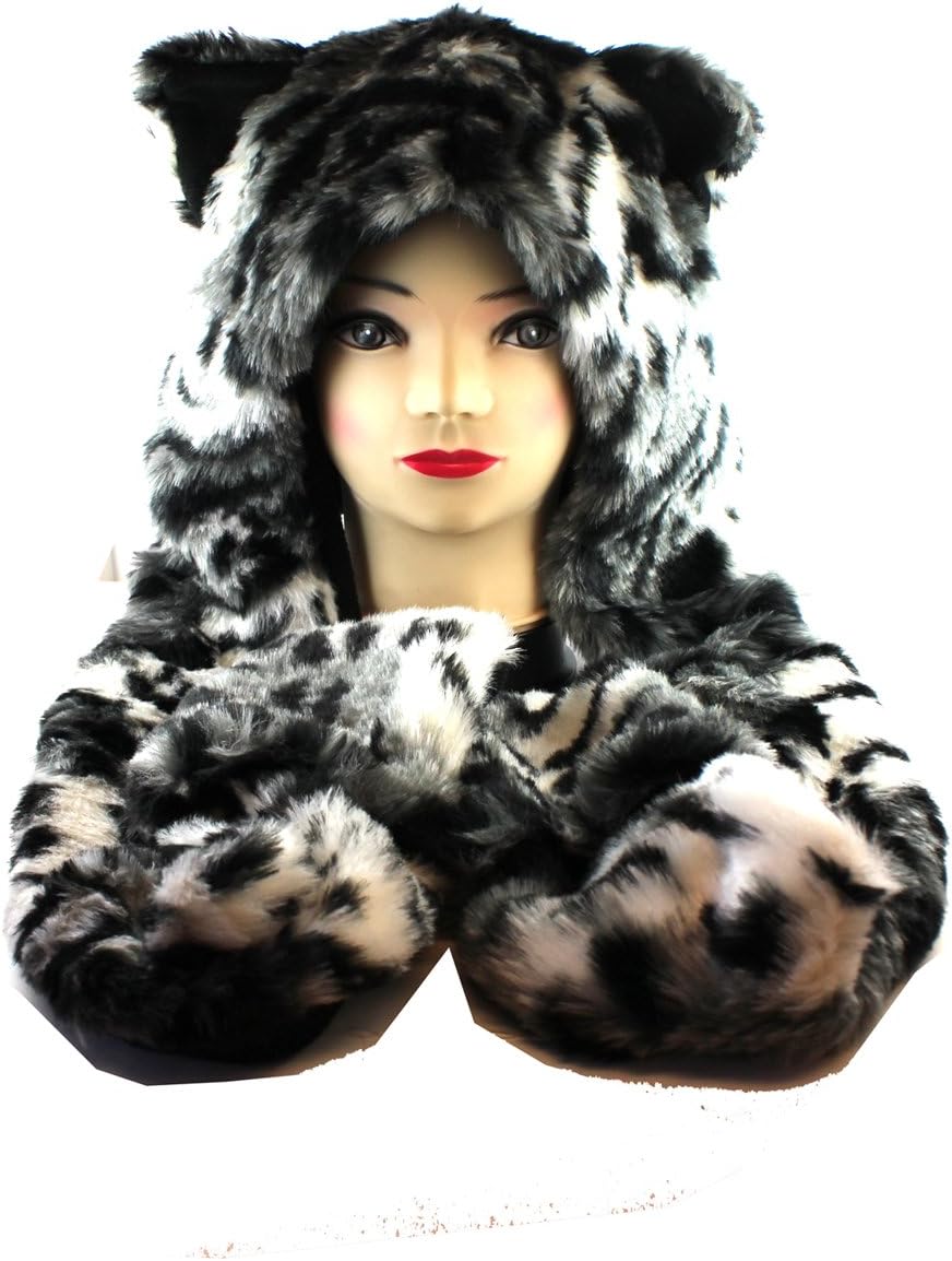 Black and White Lepard Hat w/ Hand Pockets - Faux Animal Fur Hat