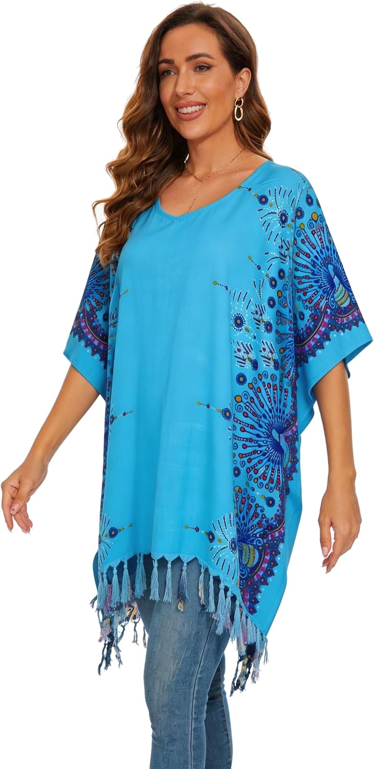 Beautybatik Women Plus Size Tunic Tops Boho Flora Printed Short Sleeve V Neck Shirt XL to 4X