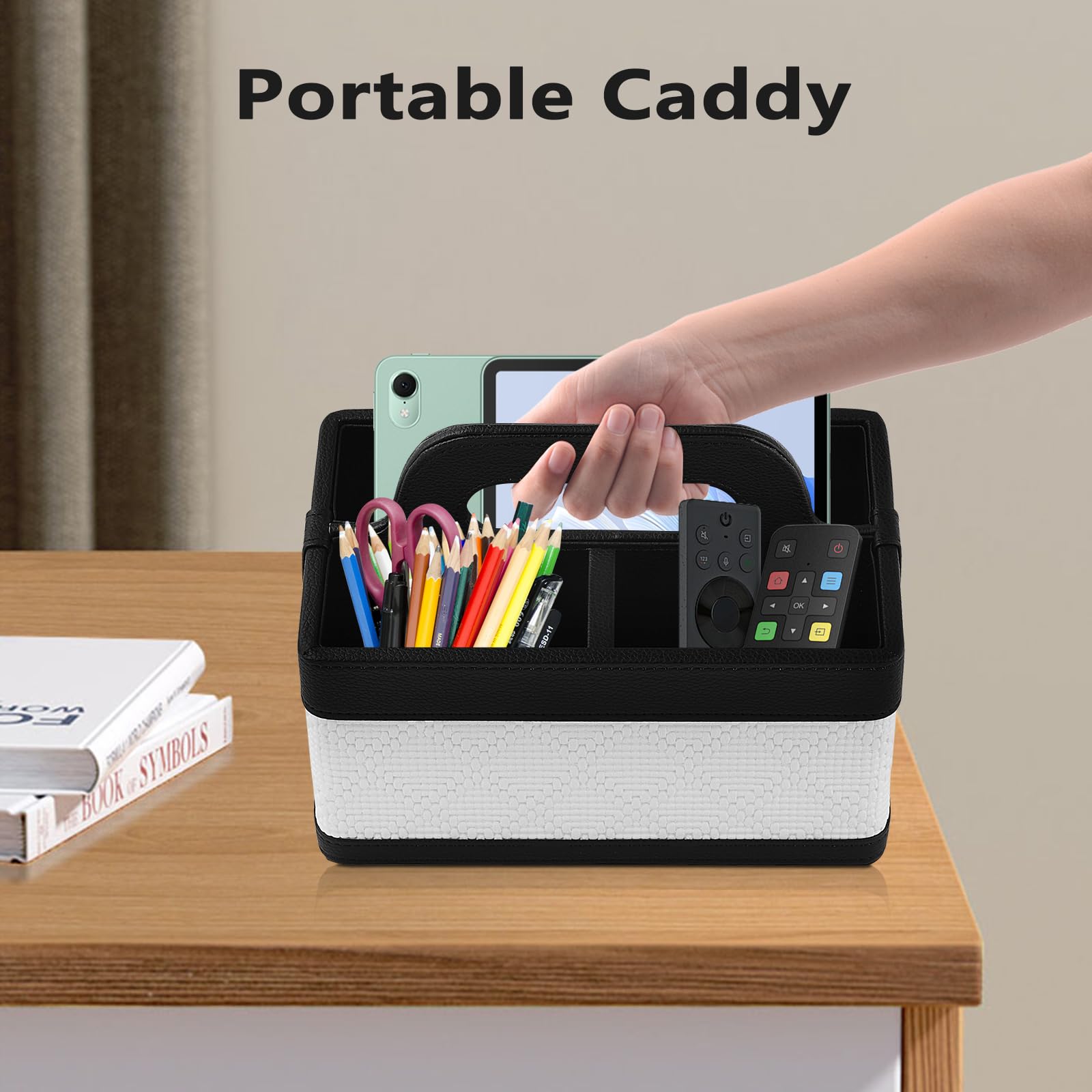 RHCSZ Desk Organizer Caddy with Handle-Portable PU Leather Remote Control Holder-Nightstand Dresser Tote Storage for Sunglasses Comb Small — view 2