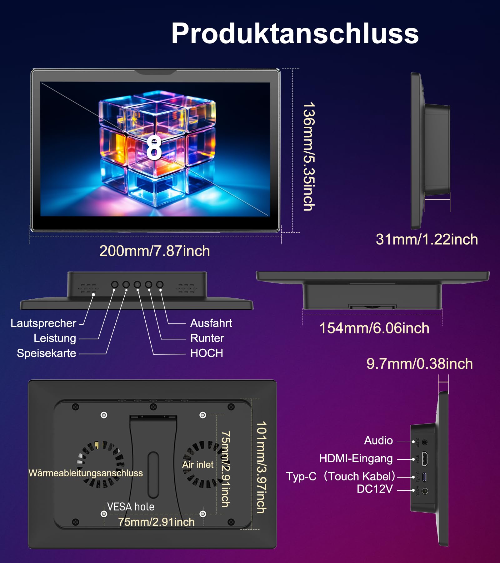 Écran Tactile Portable 8 Pouces Moniteur pour Raspberry Pi, HD IPS 1280×800 Mini Petit écran avec boîtier, Double Haut-Parleur, HDMI, pour Raspberry Pi 5/4B/3B+/3B/B+, Windows 11/10/8/7/PC - 4