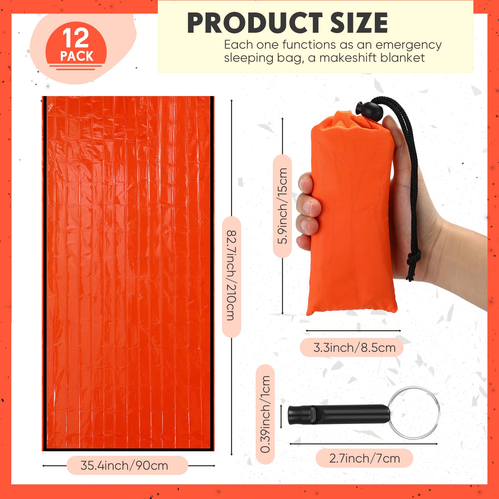 Qunclay 12 Set Emergency Sleeping Bag Survival Bivvy Sack Blanket with Whistles Lightweight Portable Thermal Survival Bag Thick Tent with Hood Extension Nylon Stuff Sack for Camping