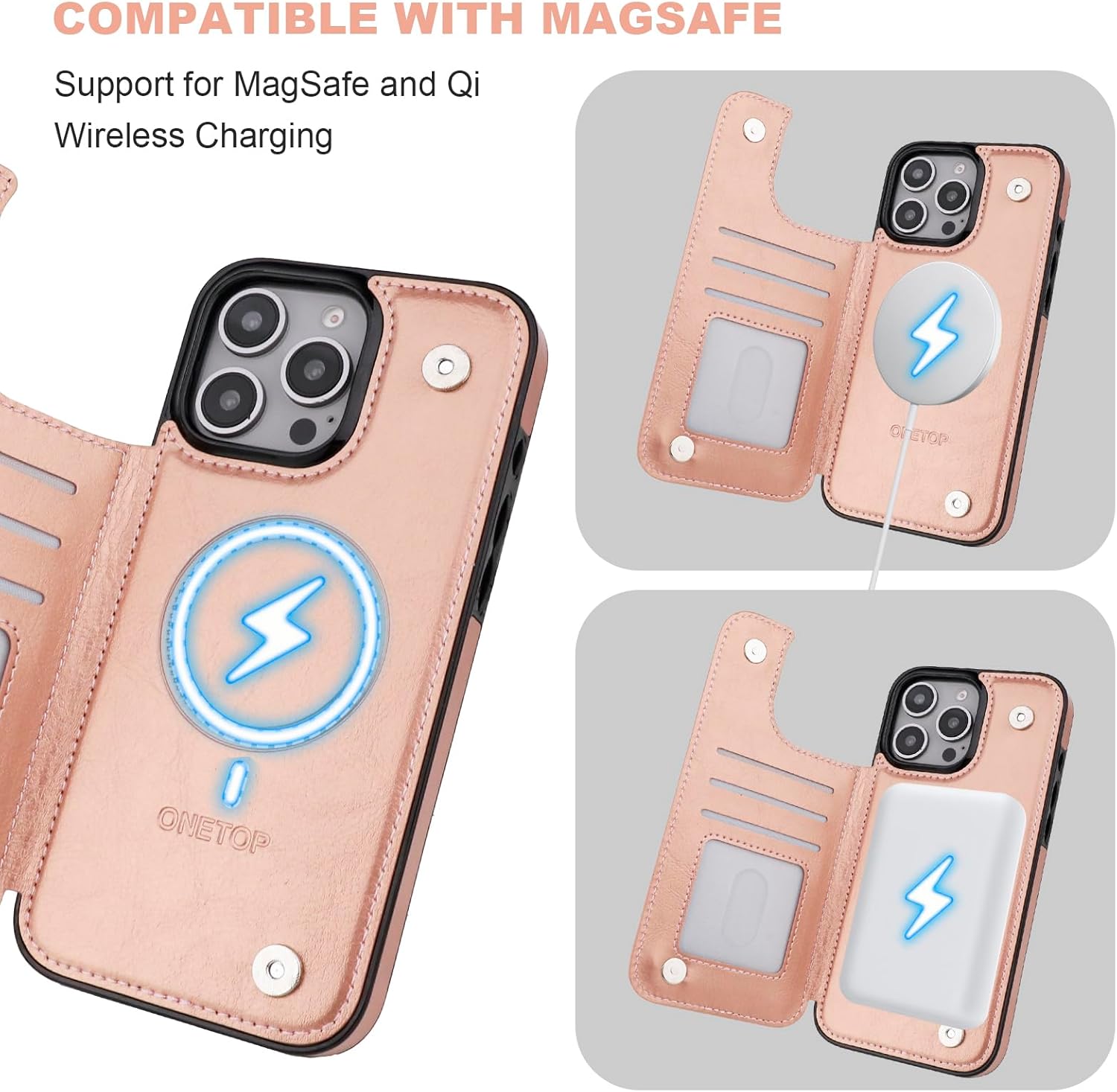 ONETOP Compatible with Magsafe for iPhone 16 Pro Max Wallet Case with Card Holder, PU Leather Kickstand RFID Blocking Case, Double Magnetic Clasp and Durable Shockproof Cover 6.9 Inch (Rose Gold)