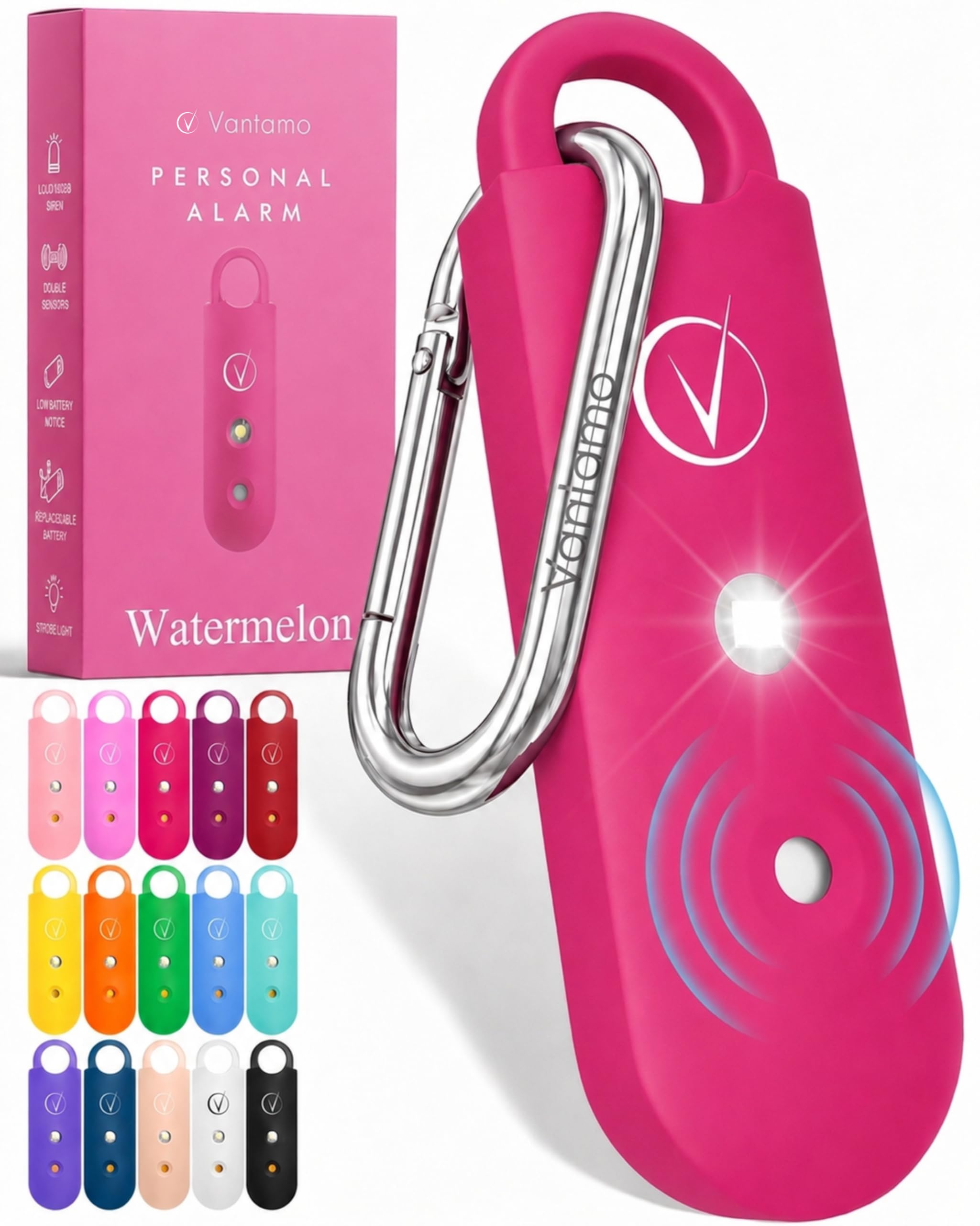 Vantamo Taschenalarm Extra Laut 130dB Mit 2 Lautsprechern Für Selbstverteidigung Frauen, Hell Taschenlampe & Batteriewarnung, Alarm Für Frauen Unterwegs Mit Schlüsselanhänger