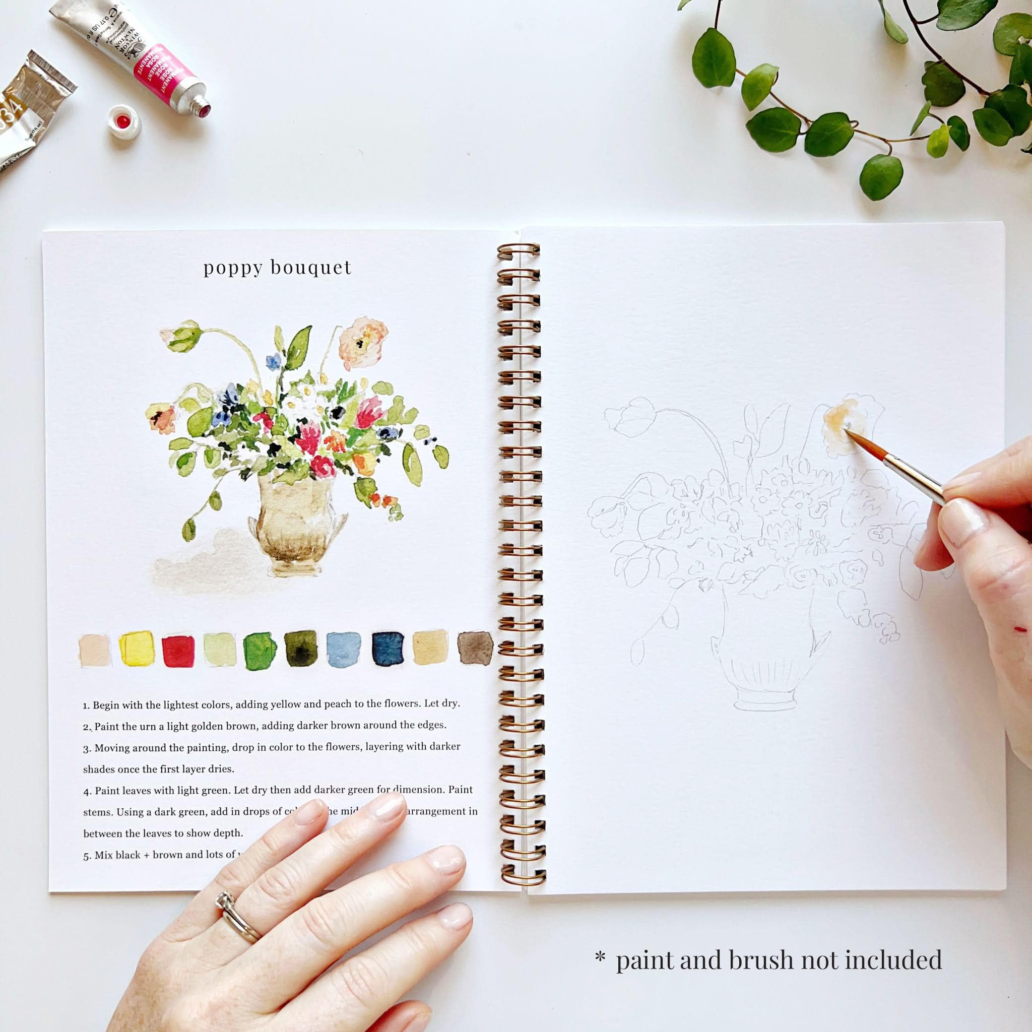 Bouquets Carnet d'aquarelle par Emily Lex Studio, 12 illustrations esquissées adaptées aux débutants, pages à plat en spirale, 16,5 x 22,9 cm, papier aquarelle 120g