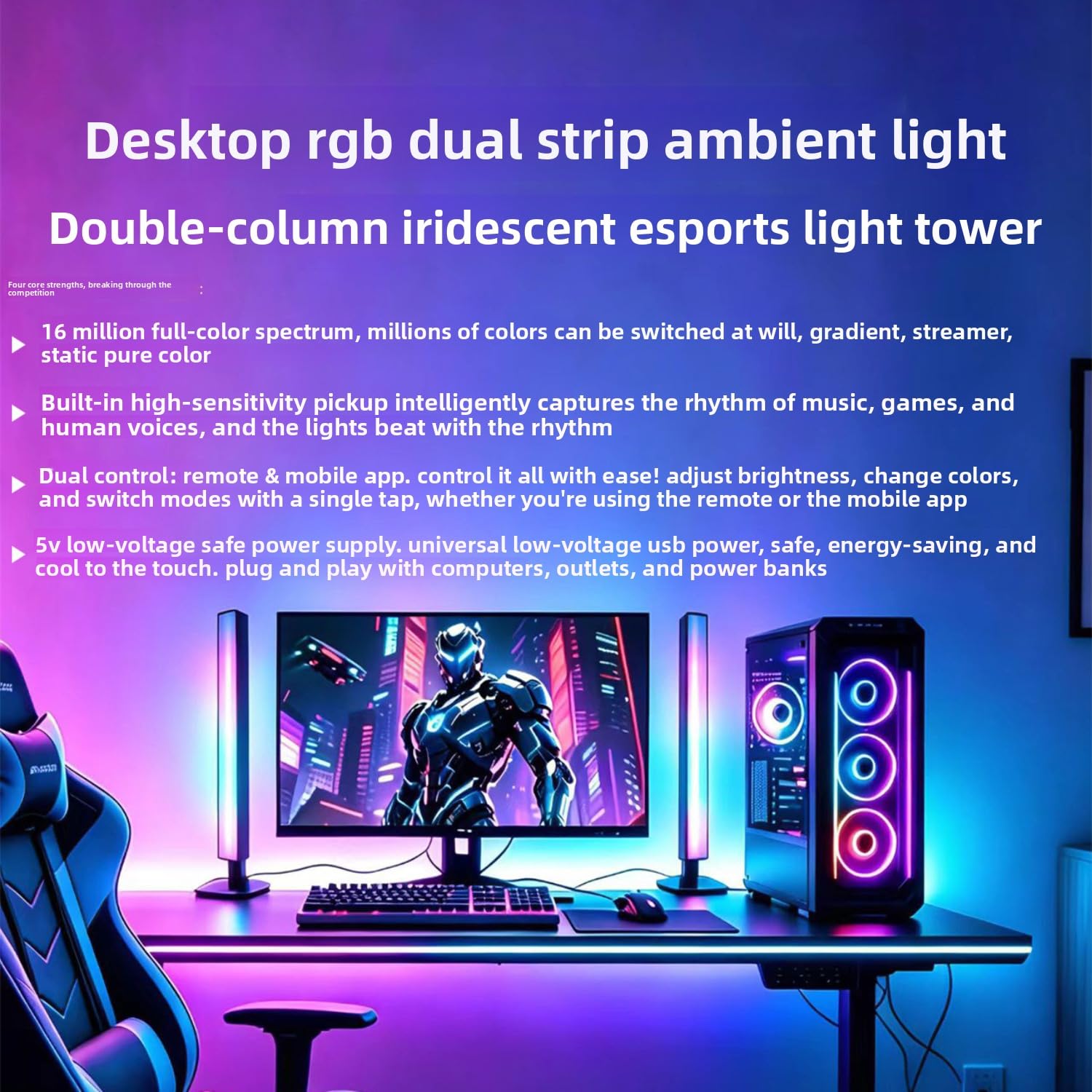Lot de 2 barres lumineuses RVB avec contrôle du son, synchronisation de la musique, lumière d'ambiance LED avec 16 millions de couleurs, modes dynamiques et contrôle par application, lumières de jeu