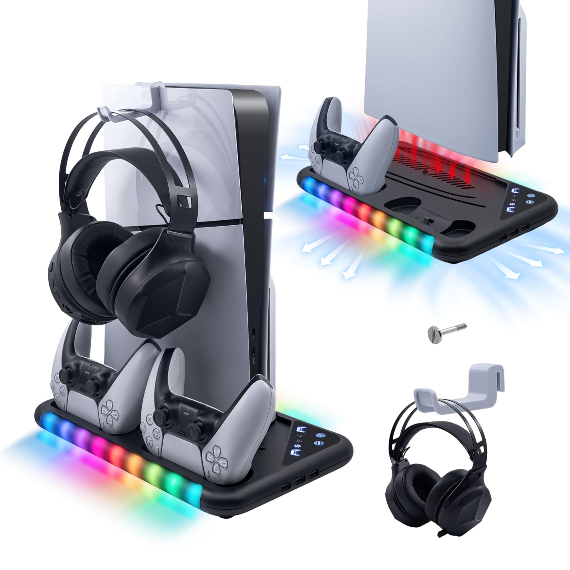 Mcbazel Cooling Stand with Controller Charging Station for PS5/PS5 Slim Console, 3-Level Cooling Fan, RGB Light, Headset Holder - Black, Large, MT-050212