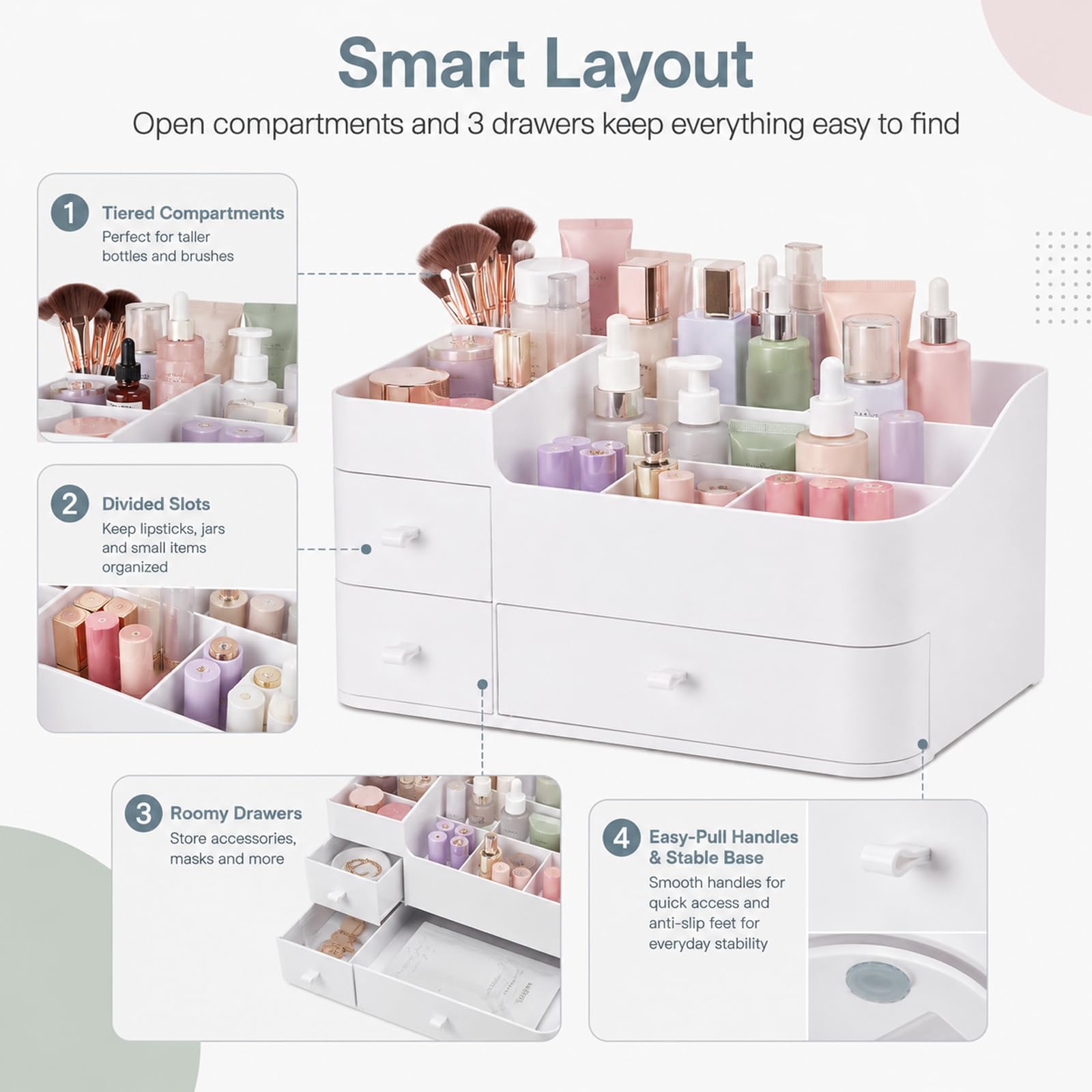 Organizador de maquillaje con cajones, organizador de baño de gran capacidad para encimera, tocador o dormitorio, ideal para cosméticos, perfumes, brochas, sombras, pintalabios y esmaltes