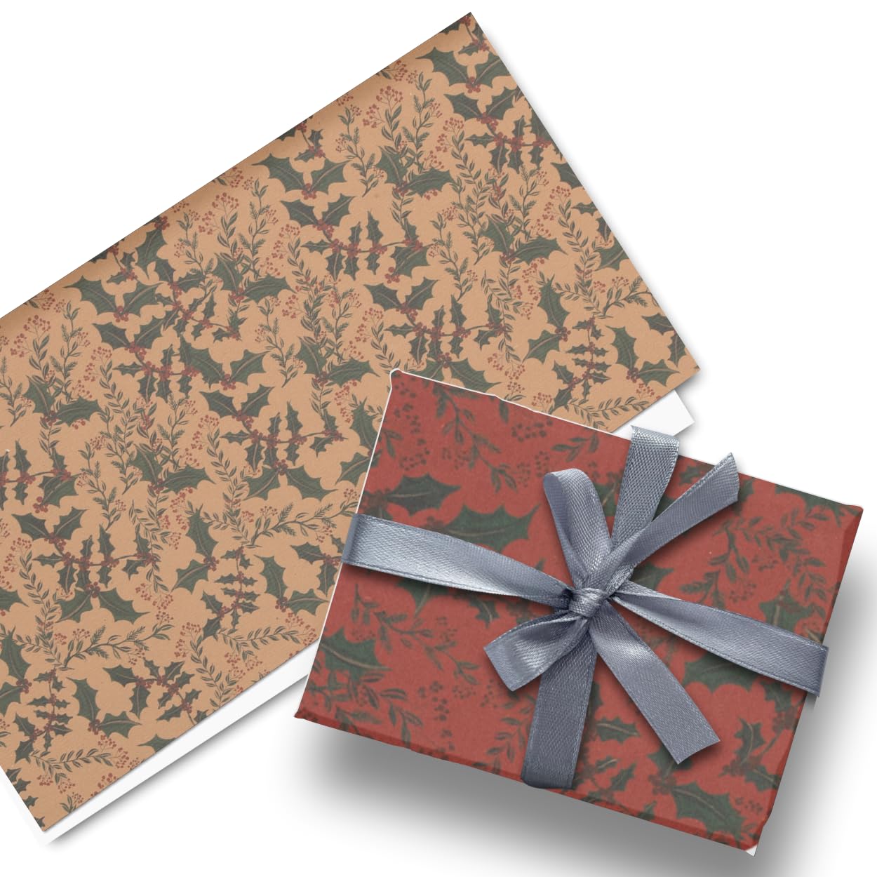 Glick Luxury Christmas Folded Wrap (3 Sheets) Holly Kraft Christmas Wrapping Paper, Each Sheet 50 x 70 cms When Opened, Gold/Deep Red
