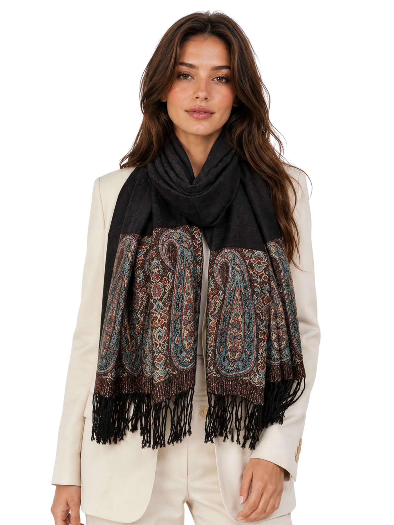 Women Pashmina Scarf Shawl Wrap - Large Long Paisley Floral Rainbow Ladies Scarves, Wearable Blanket Scarf, Womens Winter Scarfs, Indian Shawl Wedding Evening Stole, Head Scarf (Black Paisley)