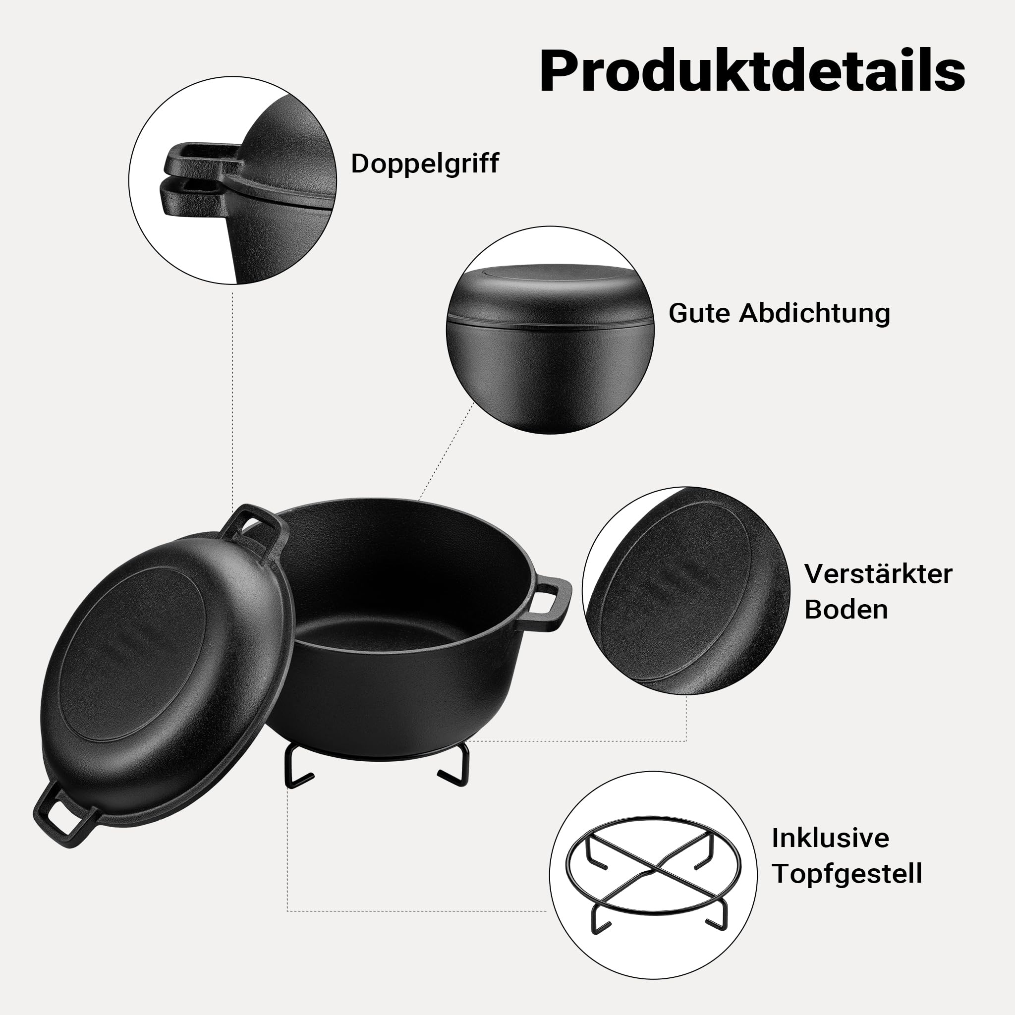 Wiltec 2in1 Dutch Oven 32 x 26 x 16 cm Grilltopf aus Gusseisen, Schmortopf plus Deckel, Feuertopf inkl. Topfgestell, Deckelhalter und Griffe