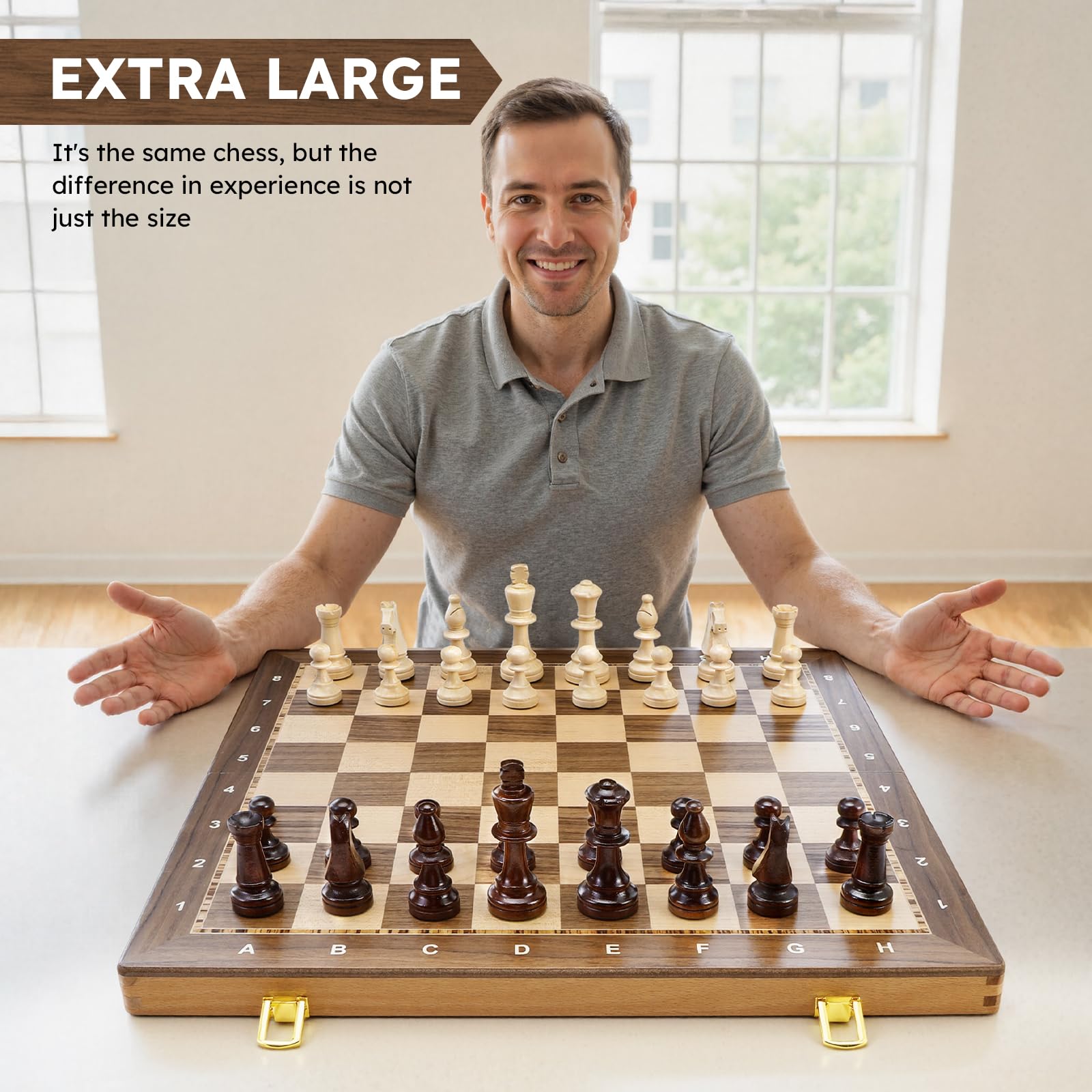 Peradix Drewniane szachy 48 cm, składana szachownica turniejowa z królem 9,5 cm, 2 dodatkowymi królowymi, klasyczna profesjonalna gra w szachy dla dorosłych i dzieci
