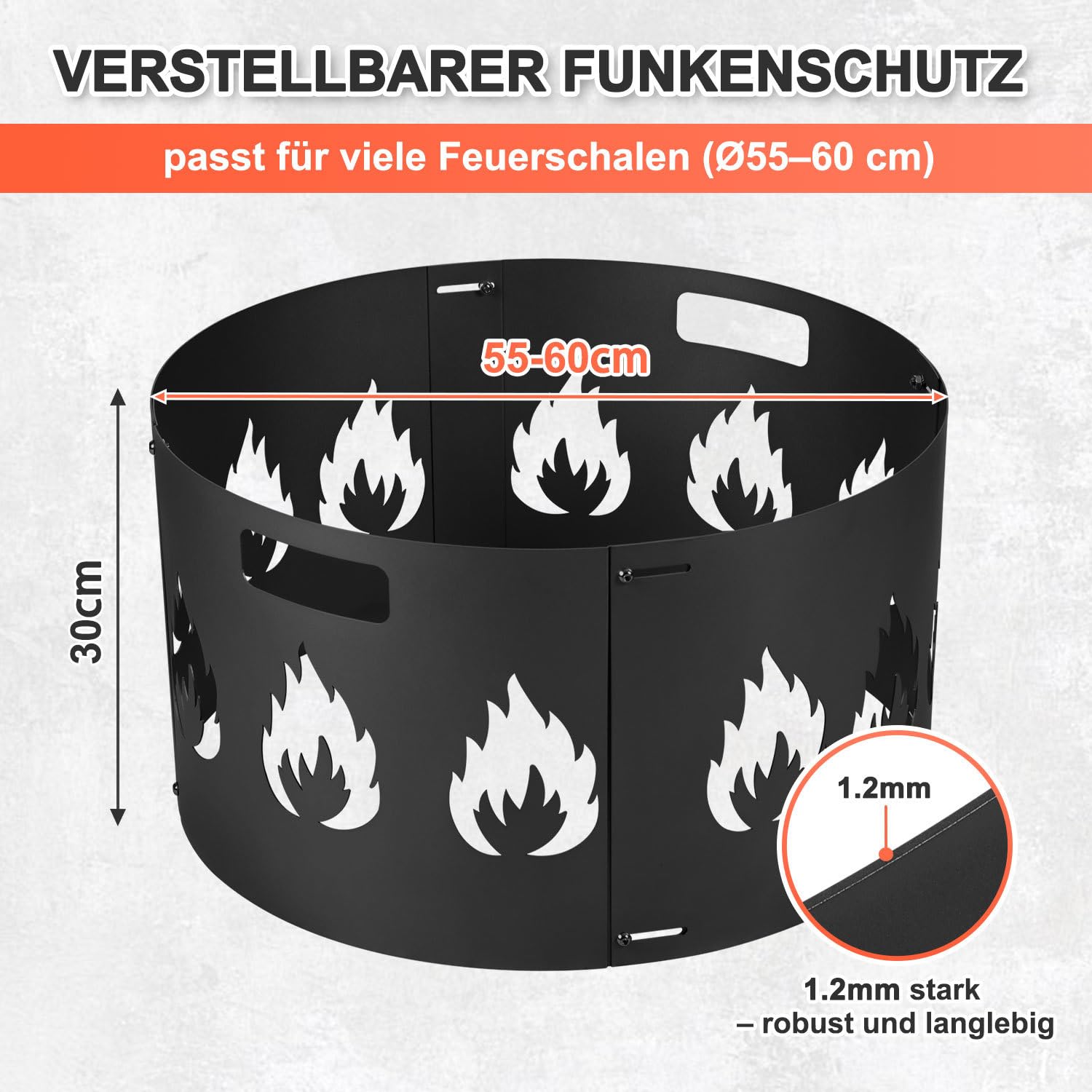 Brasero de protección contra chispas ajustable Ø 55 – 60 cm, rejilla de chispas con asa, chapa de acero de 1,2 mm de grosor, 4 piezas enchufables, perfecta para jardín y terraza, color negro