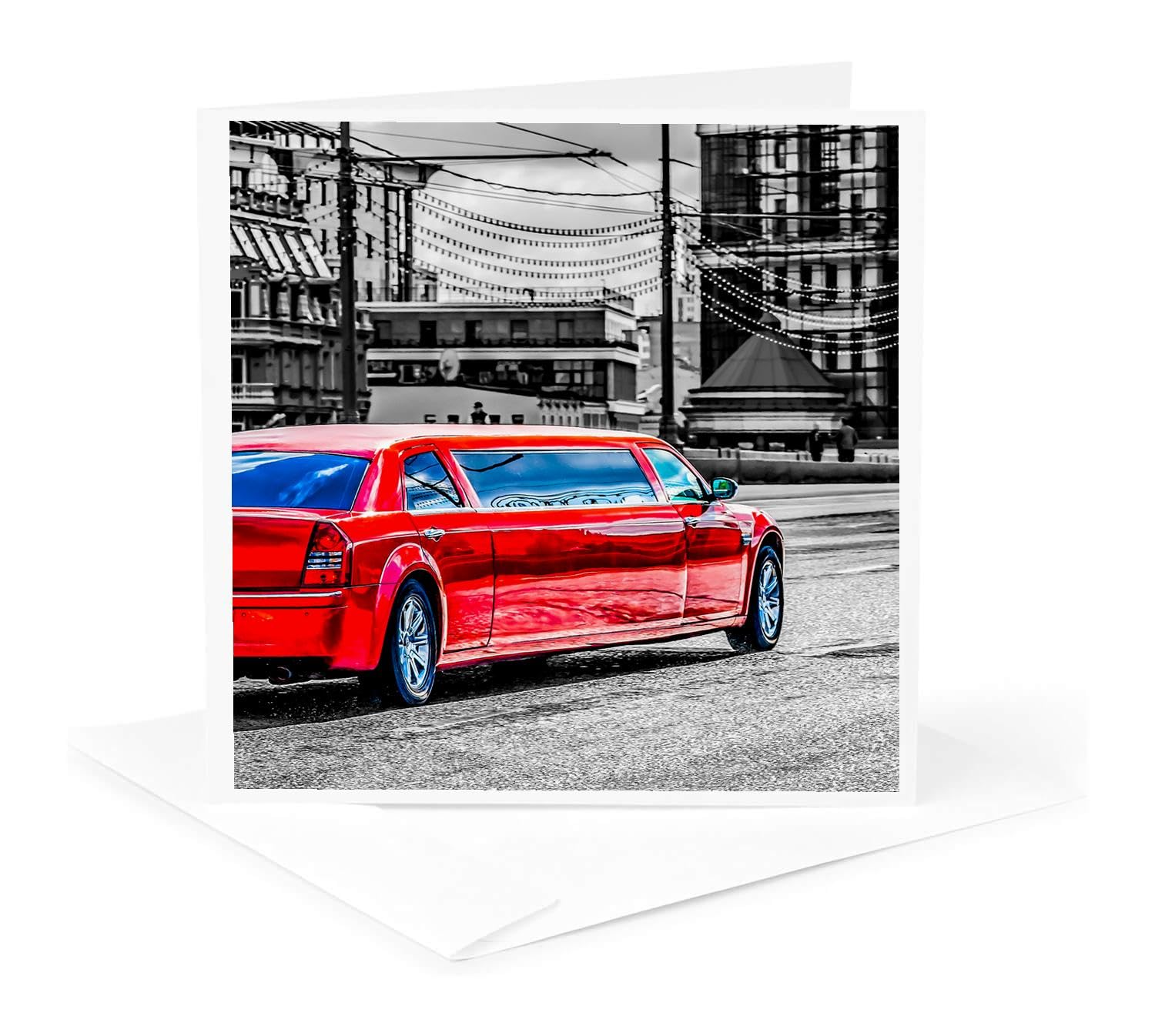 Greeting Card - Red limousine car moves along the street. Stylized photo - Alexis Photography - Transport Road
