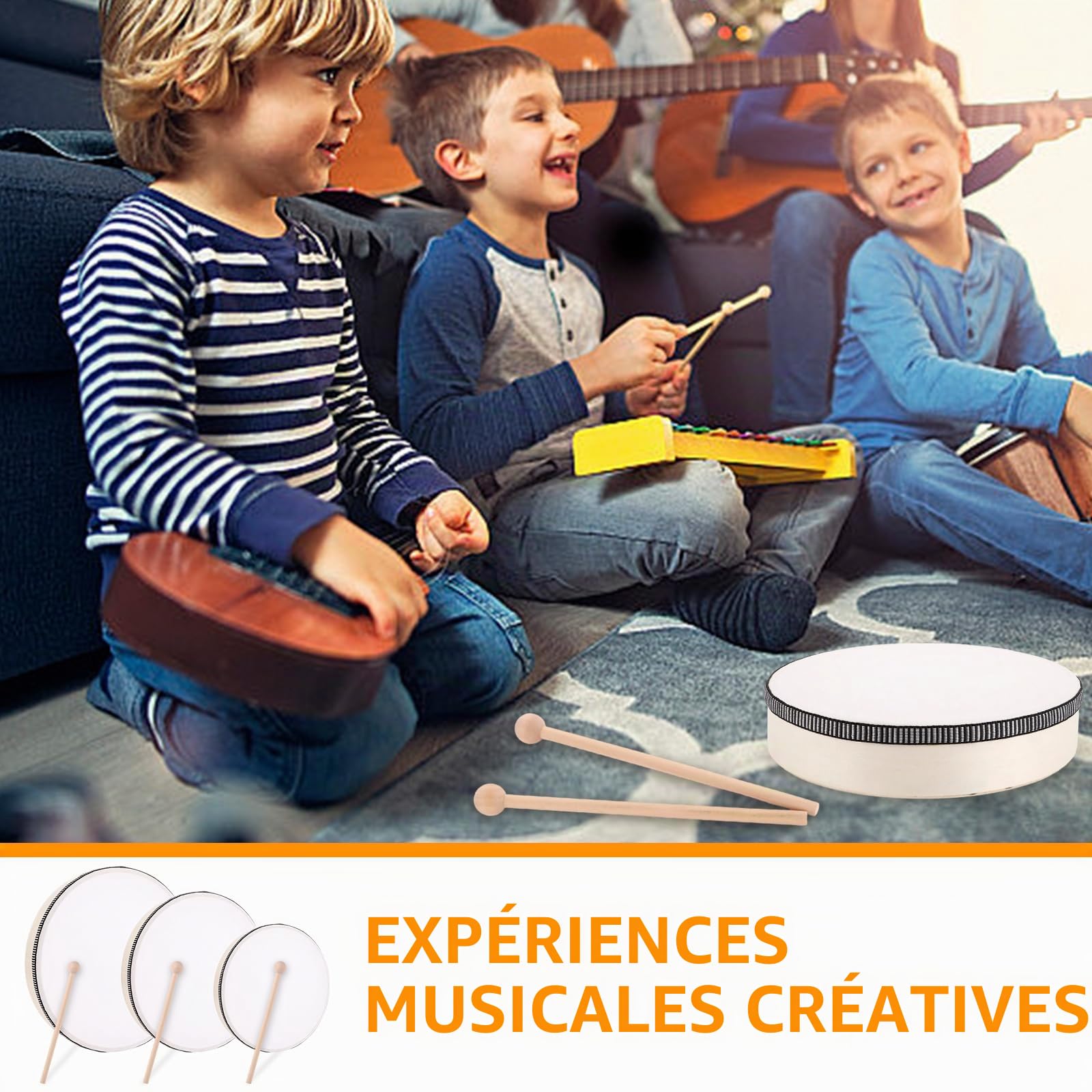 MIVIDE 3 Pièces Tambourin à main avec Maillet, Tambourins 15 cm, 20 cm et 25 cm, Tambourin à Main en Bois pour Fête, Performance