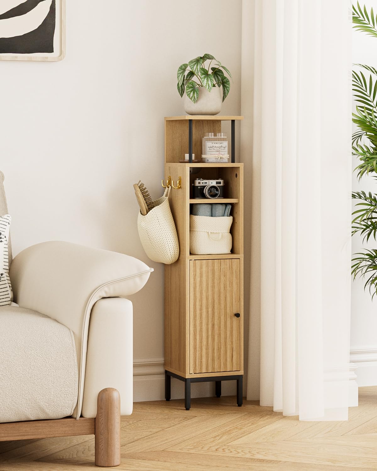 HEYZOEY hoher Badezimmerschrank, freistehender Bodenschrank, hoher Aufbewahrungsschrank mit Tür, schlanker Badezimmerspeicher für Badezimmer, Küche, Wohnzimmer, Schlafzimmer, Balkon oder Büro, Eiche