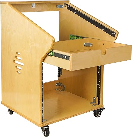 Sound Town DIY Solid Baltic Birch Plywood Studio Rack with 11U Slant Mixer Top, 8U Front, 2U Drawer, Rubber Feet, Casters, Golden Oak (SDRK-M11X8)