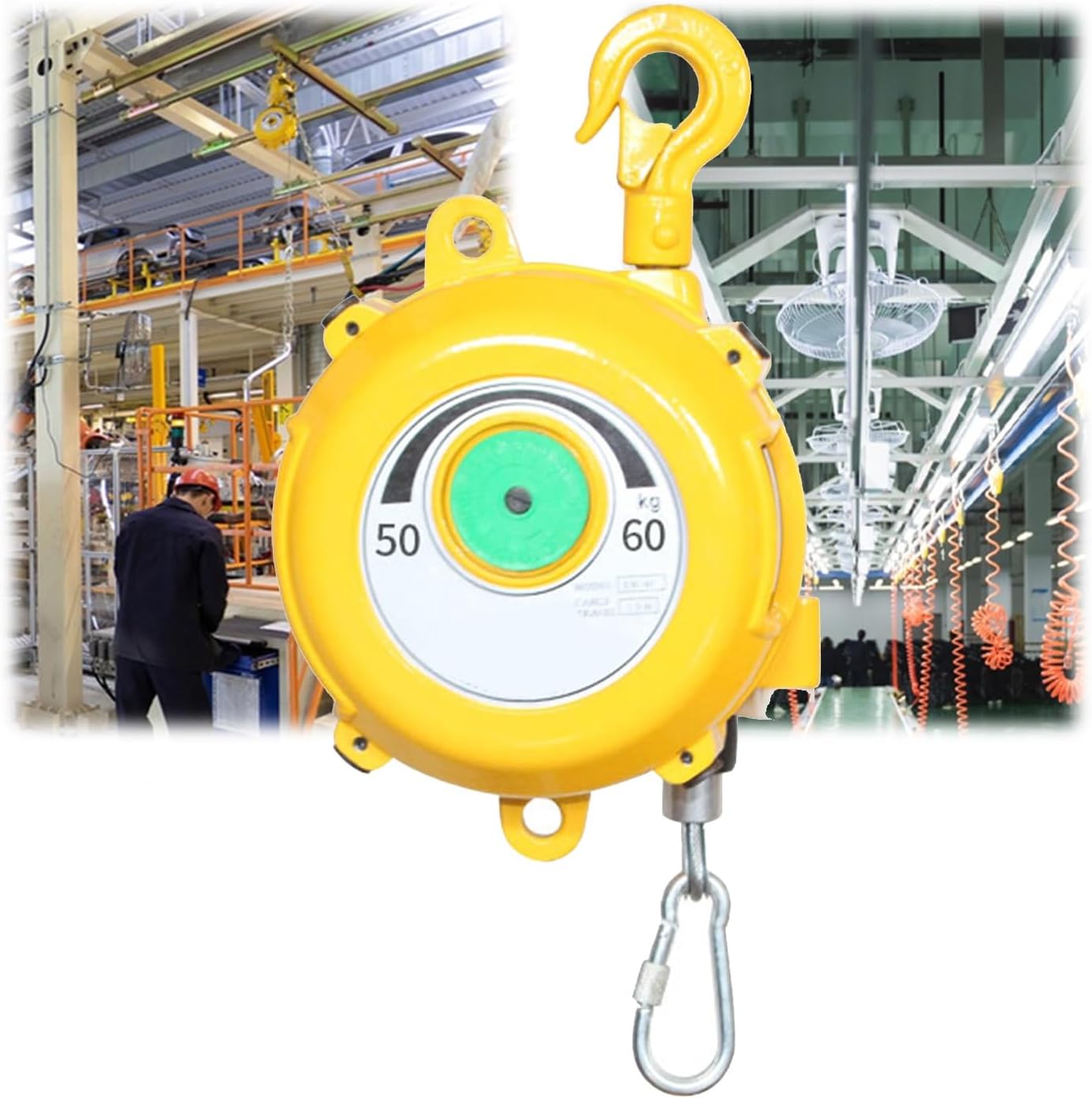Adjustable Retractable Spring Balancer Tool with Wire Rope & Hook for Workshop/Assembly Line - Load Range 1-70kg (Optimal 50-60kg)