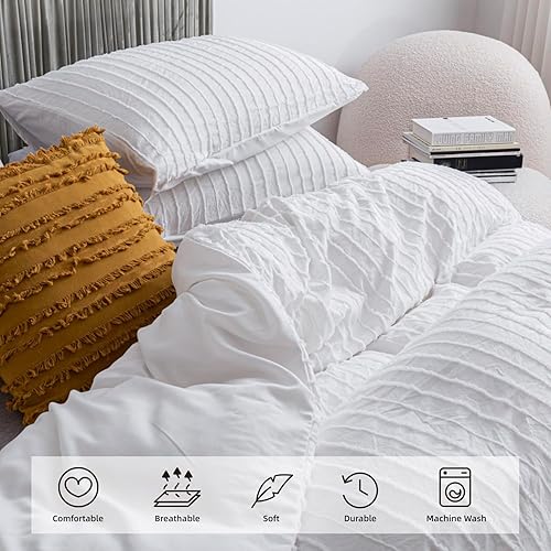 Miniatura 3 de JELLYMONI - Juego de funda de edredón de microfibra tamaño king color blanco brillante de 3 piezas, reversible, textura capitoné a rayas bohemias