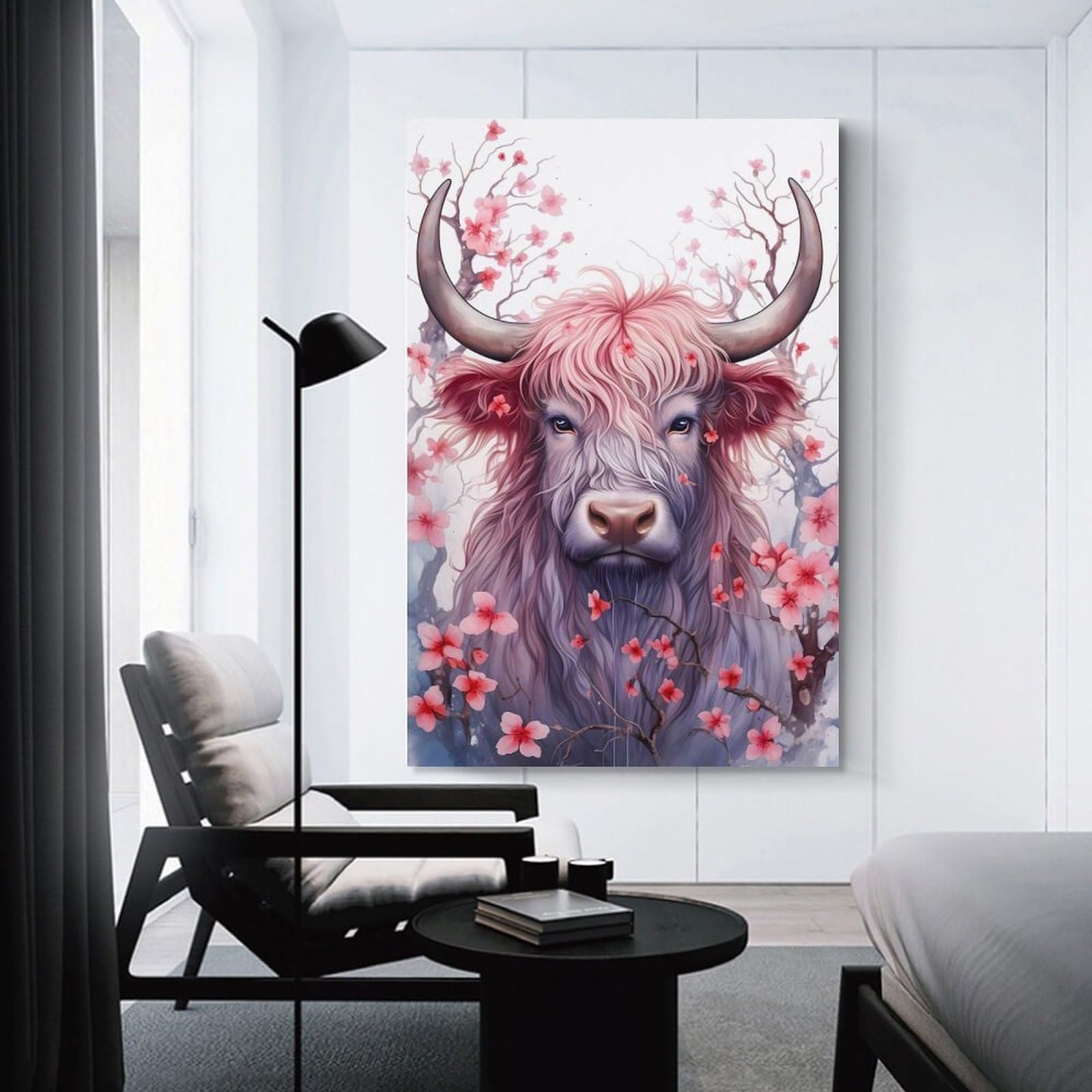 Junmoney Unframe-Style Canvas Art Print Cherry Highland Cow, 20X30inch(50X75cm), For Office, Study Or Home Workspace, Wall Art That Adds Style To Work Areas