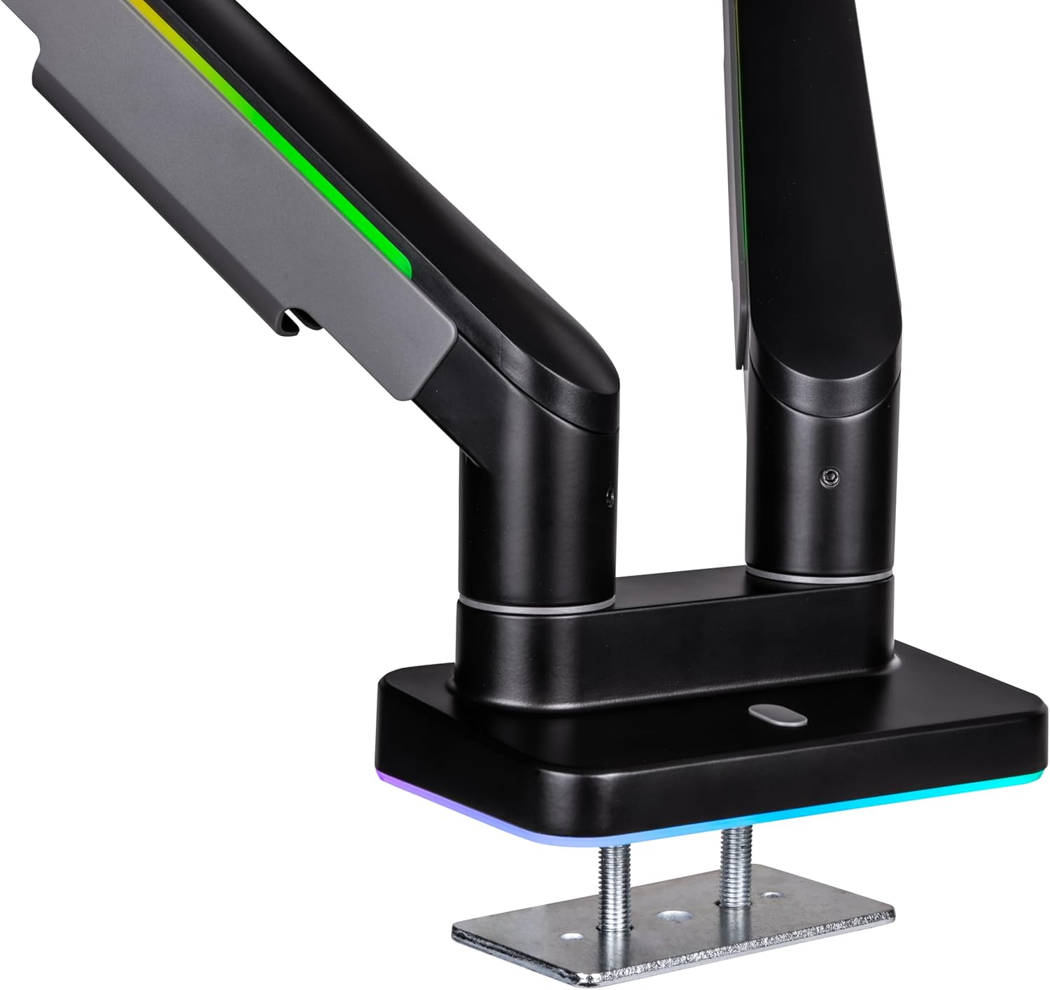 Close-up of the monitor arm base with illuminated RGB lighting