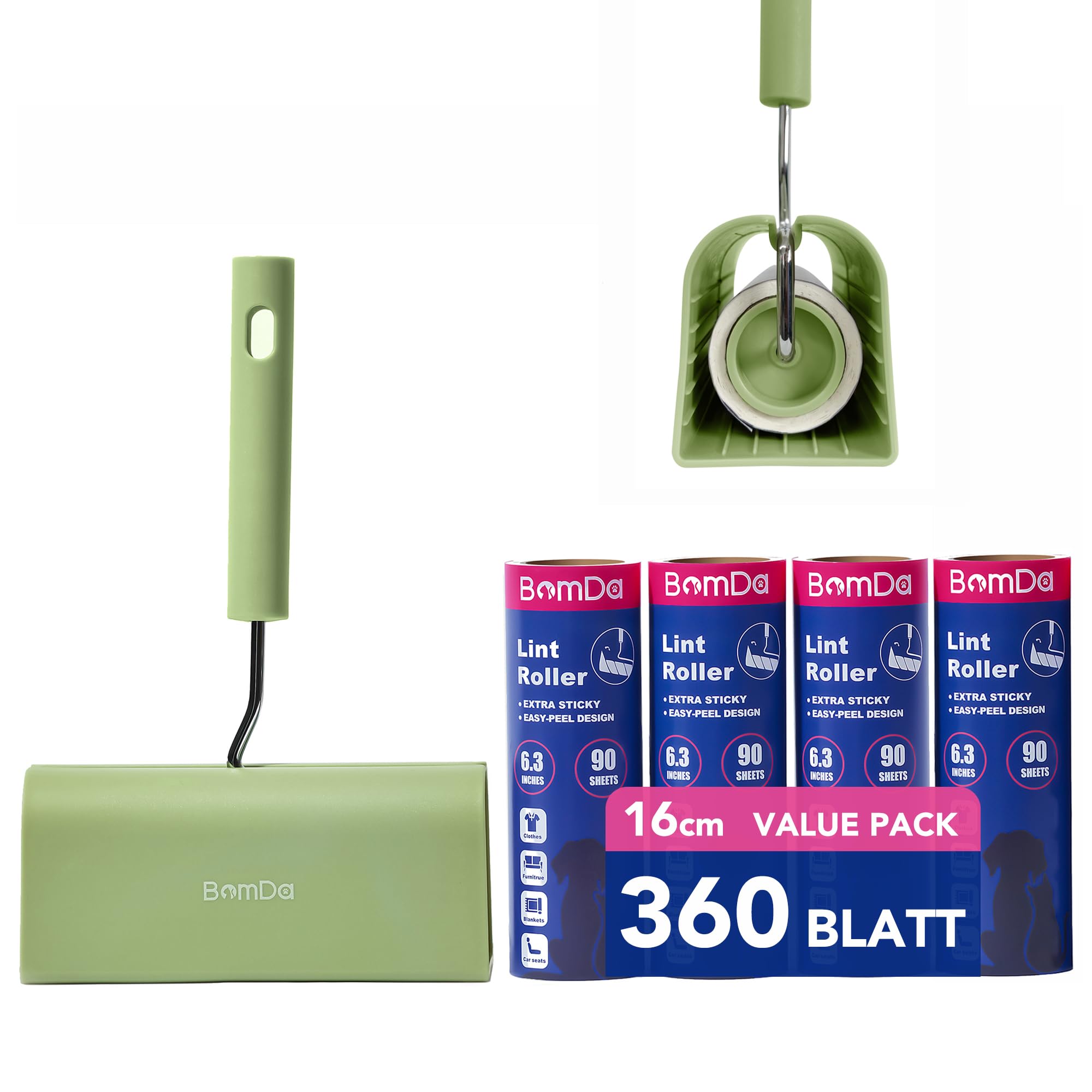 BomDa Rodillo Quitapelusas Grande Gran 16CM Super Adhesivo para Pelo de Mascotas- Quita Pelos Mascota en Ropa (1 Asas+360 Hojas)