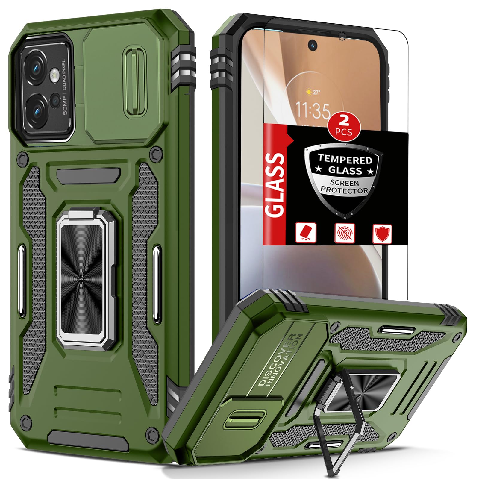 for Motorola Moto G32 Case with 2 Screen Protectors,Built-in Slide Camera Cover+360 Kickstand Ring for G32 Phone Case Shockproof Anti-Scratch Military-Grade Drop Heavy Duty Protection Green for Moto G32 Green