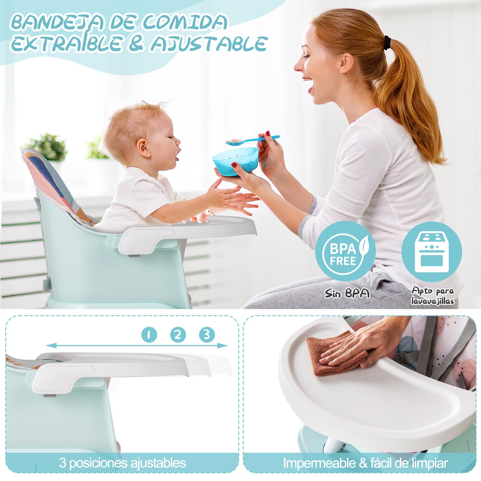 GOPLUS Trona Evolutiva Bebe 6 en 1 para Niños 6-36 Meses Hasta 25kg, Silla Bebé Comedor Portati con Bandeja Extraíble, Pies Antideslizantes, Arnés de 5 Puntos, Asiento para Juegetes (Multicolor)