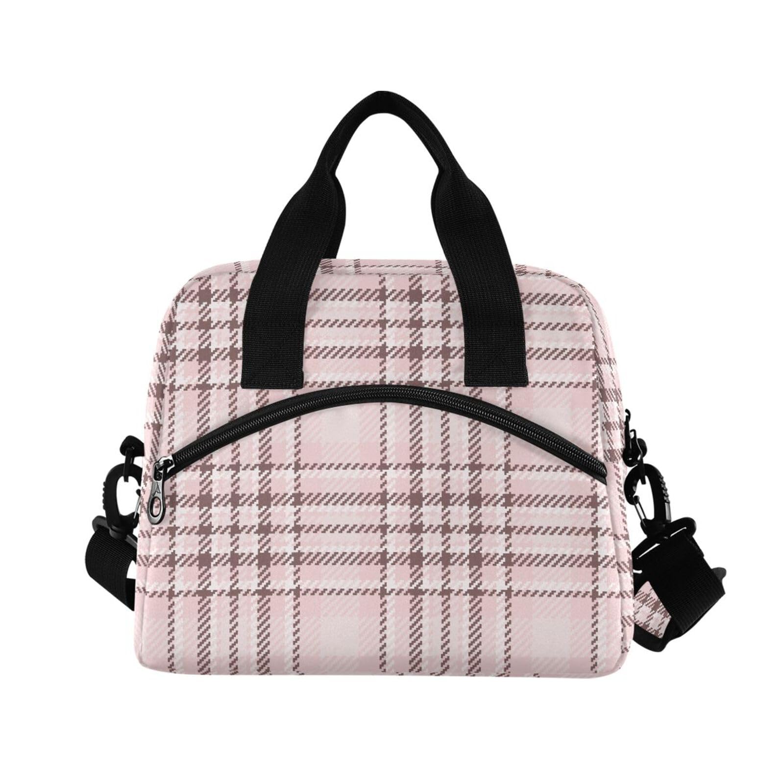 Sinestour Insulated Lunch Bag Reusable Cooler Gray Red Plaid Lunch Box Adjustable Shoulder Strap for School Men Women