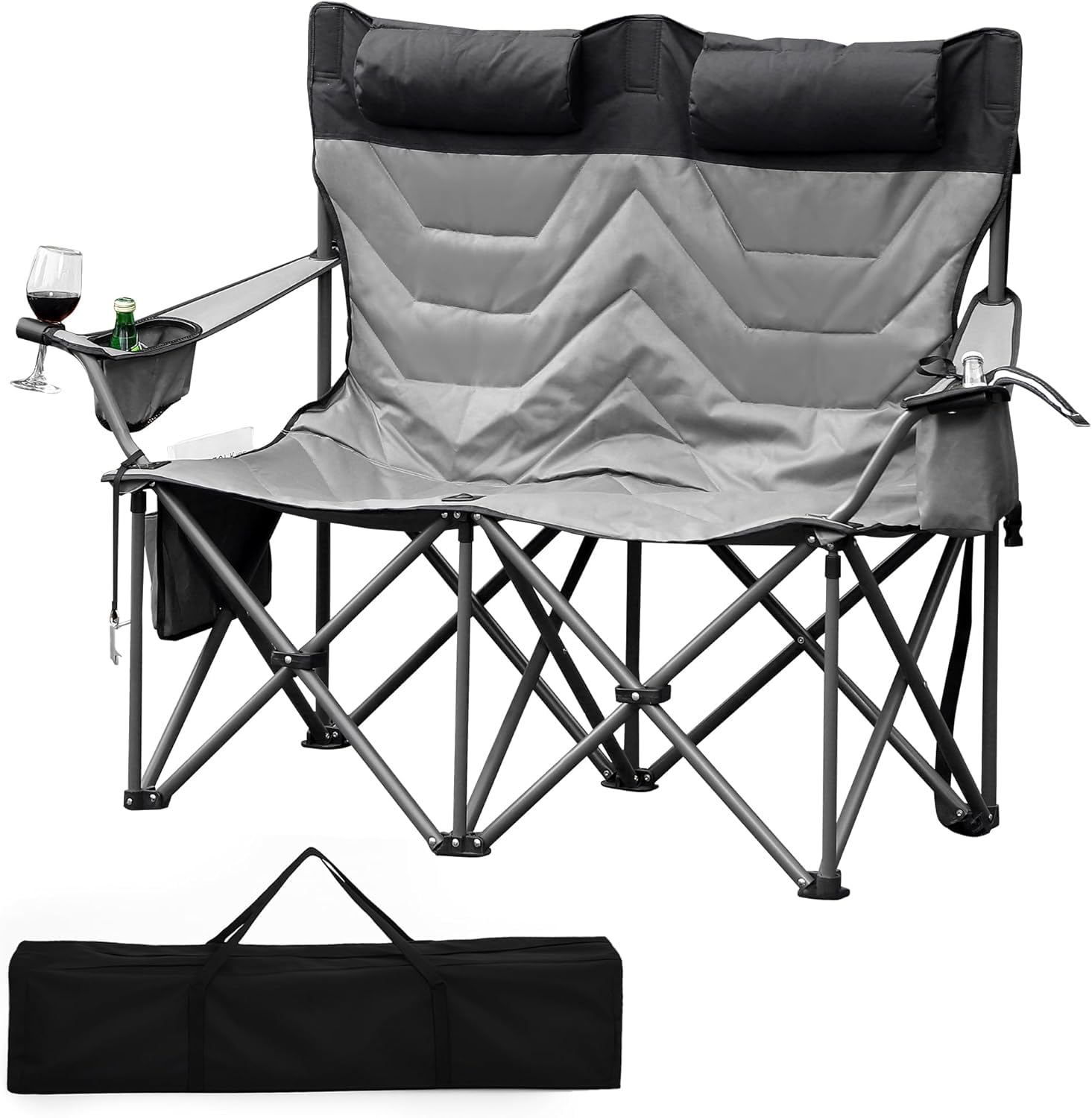 Oversized Double Camping Chairs, Heavy Duty Padded Loveseat Chair - 900 LBS Support for Adult - Comfortable Camping Chair with High Back & Pillow