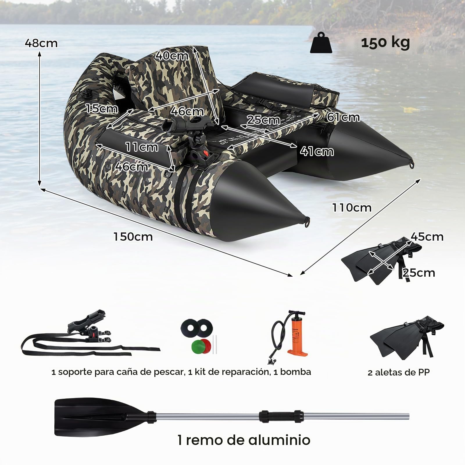 GYMAX Bote de Pesca Hinchable en Forma de V con Soporte para Caña, Almacenamiento de Equipo, Delantal de Pelado, Barco de Pesca con Mosca con Aletas, Remo, Bomba, Camuflaje