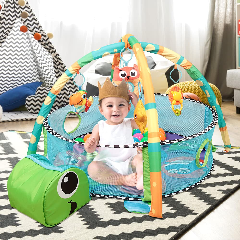 Tapis d'éveil tortue multifonction avec parc à balles, arche de jeux suspendue, 30 balles de piscine incluses, pour bébés 0 à 3 ans