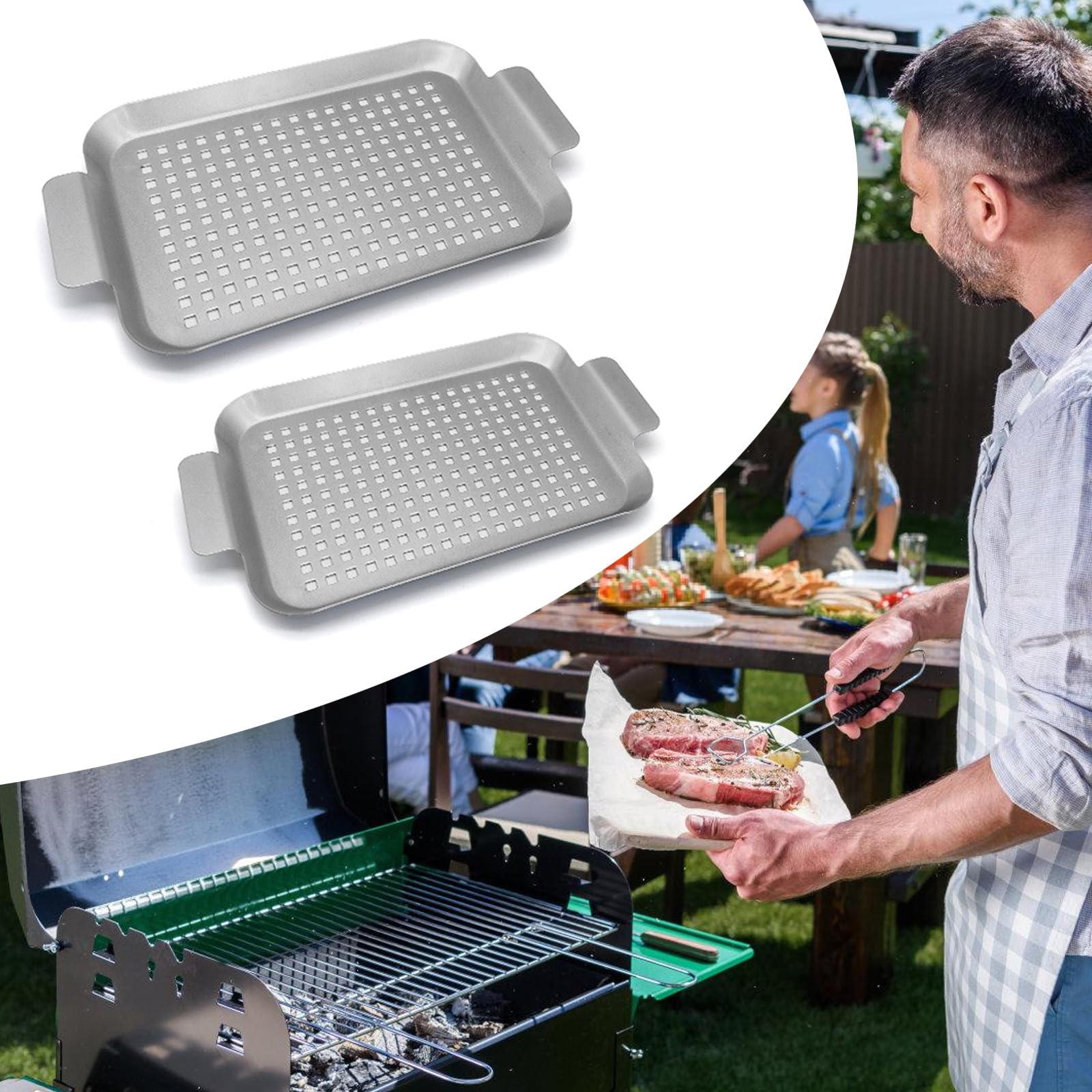 Zestaw nieprzywierających patelni do grilla, naczynie do pieczenia w piekarniku i taca na ciasteczka z uchwytem, idealne do gotowania warzyw, smażenia na świeżym powietrzu i grillowania z otworami dla