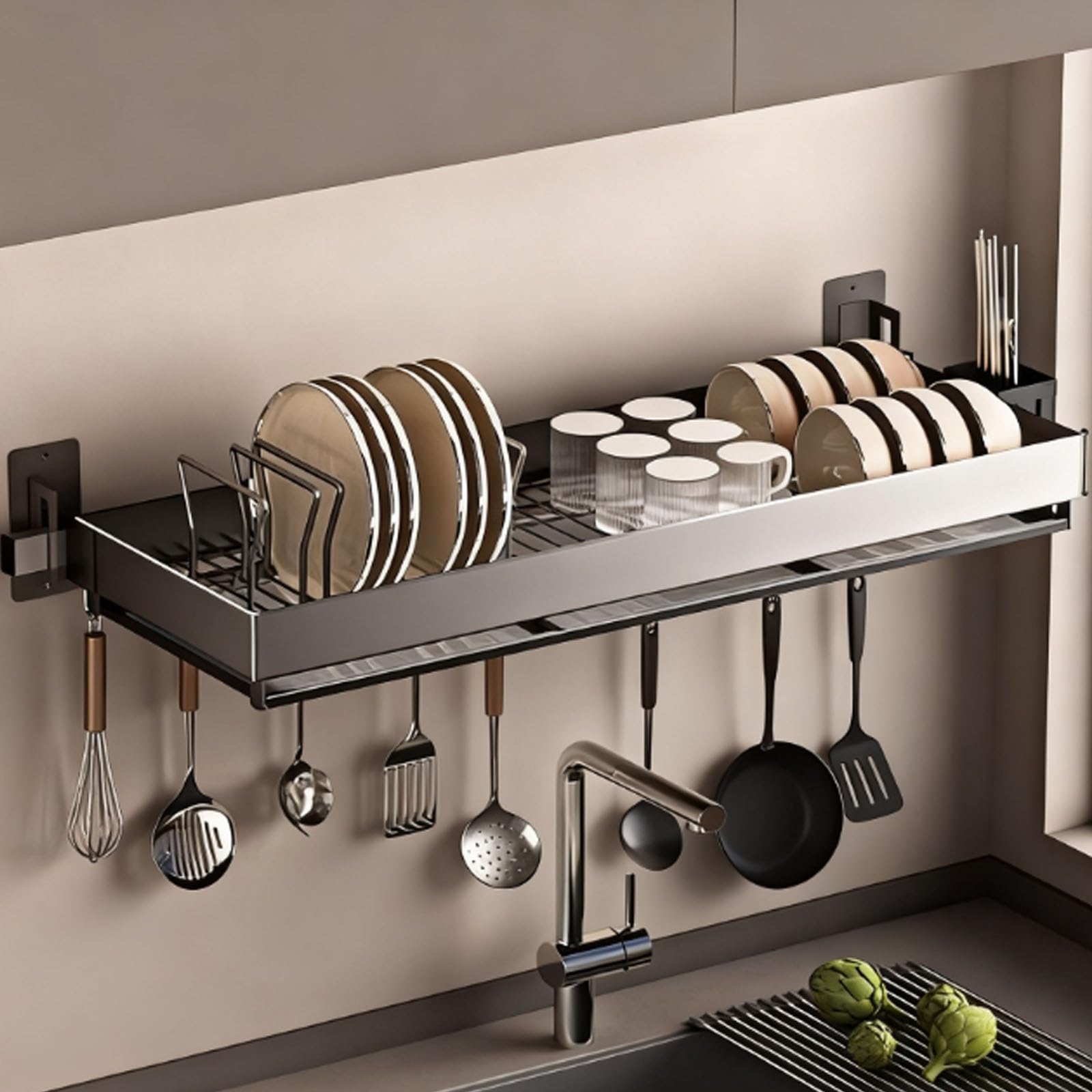 Escurreplatos multifuncional montado en la pared para cocina, estante de cocina, 90 cm, escurridor de platos para fregadero y ventana, ahorro de espacio, diseño resistente