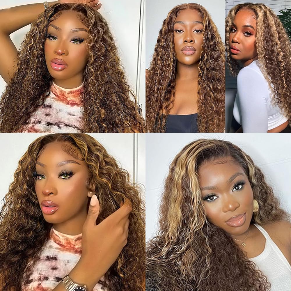 4/27 Human Hair Bundles Highlight Honey Brown Bundles Human Hair 22 24 26 Inch Double Weft Unprocessed Brazilian Remy Hair Extensions Ombre Curly Wave 3 Bundle Deals