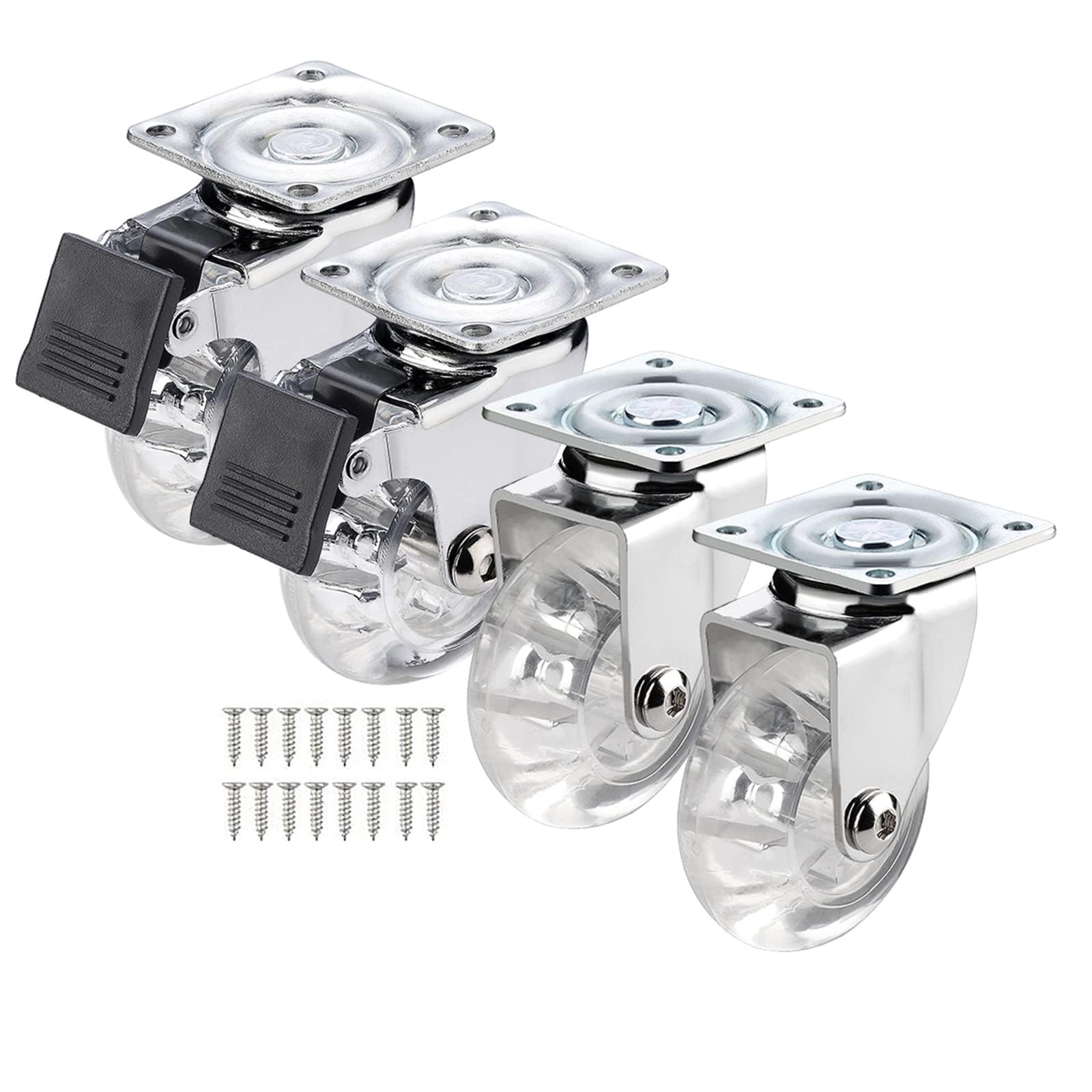 ZGUOUZANTYE 50mm Transparent PU Swivel Casters Furniture Wheels 35kg Load Capacity for Industrial Carts Workbenches(2 Braked+2 Swivel)