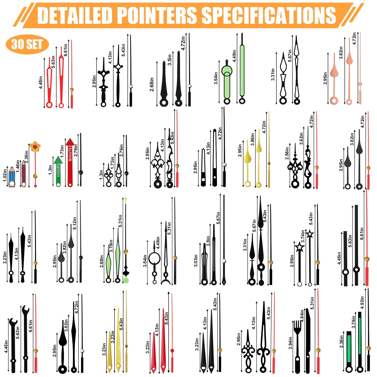 30 Stück Quarz-Uhrwerk-Mechanismus-Kit, leises Sweep, kein Ticken, 20 mm Gesamtschaft (11 mm Gewinde), passend für 3–6 mm Zifferblätter, 30 Zeigerstile, Haken zum Aufhängen und spurlose Nägel