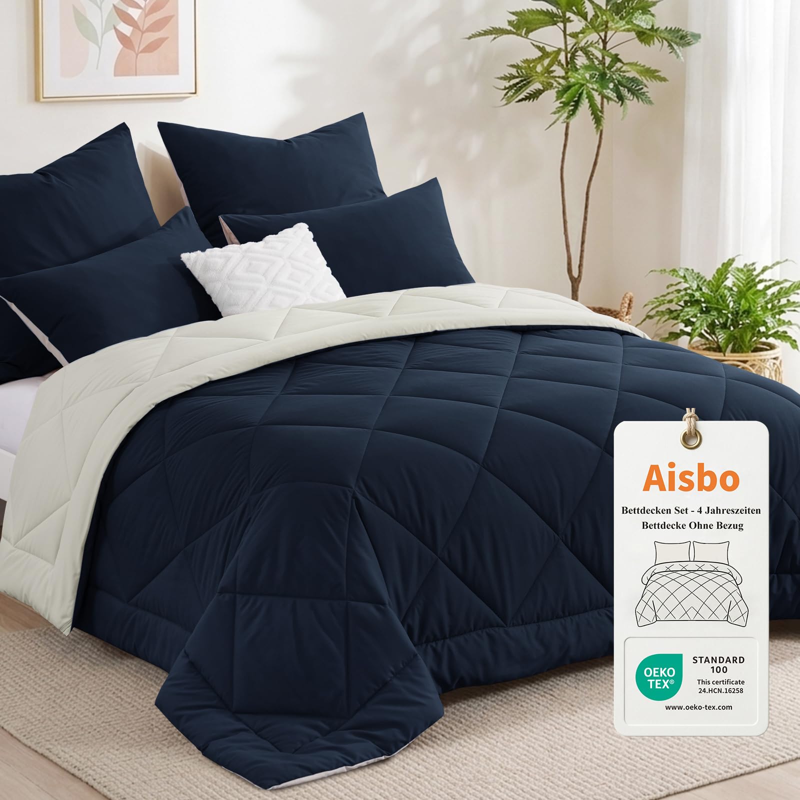 Aisbo Bettdecke ohne Bezug 200x220 Blau, 1 Bettdecke mit 2 Kissenbezügen | Bettdecke 200x220 mit Integriertem Bezug, Waschbar 4 Jahreszeiten Bettdecke, OEKO-TEX, Warm & Gemütlich, Blau Grau