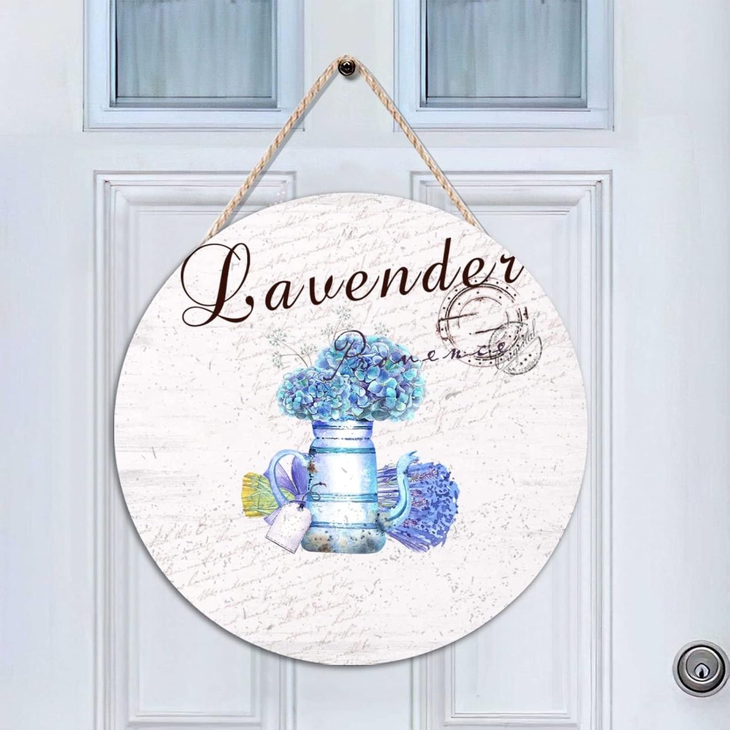 Flower Front Door Round Wood Sign, Lavender Wood Door Sign, Custom Calligraphy 16x16in Wall Door Hanging Sign for Front Door Entryway Porch Bar Pub Farewell Party Housewarming Gifts