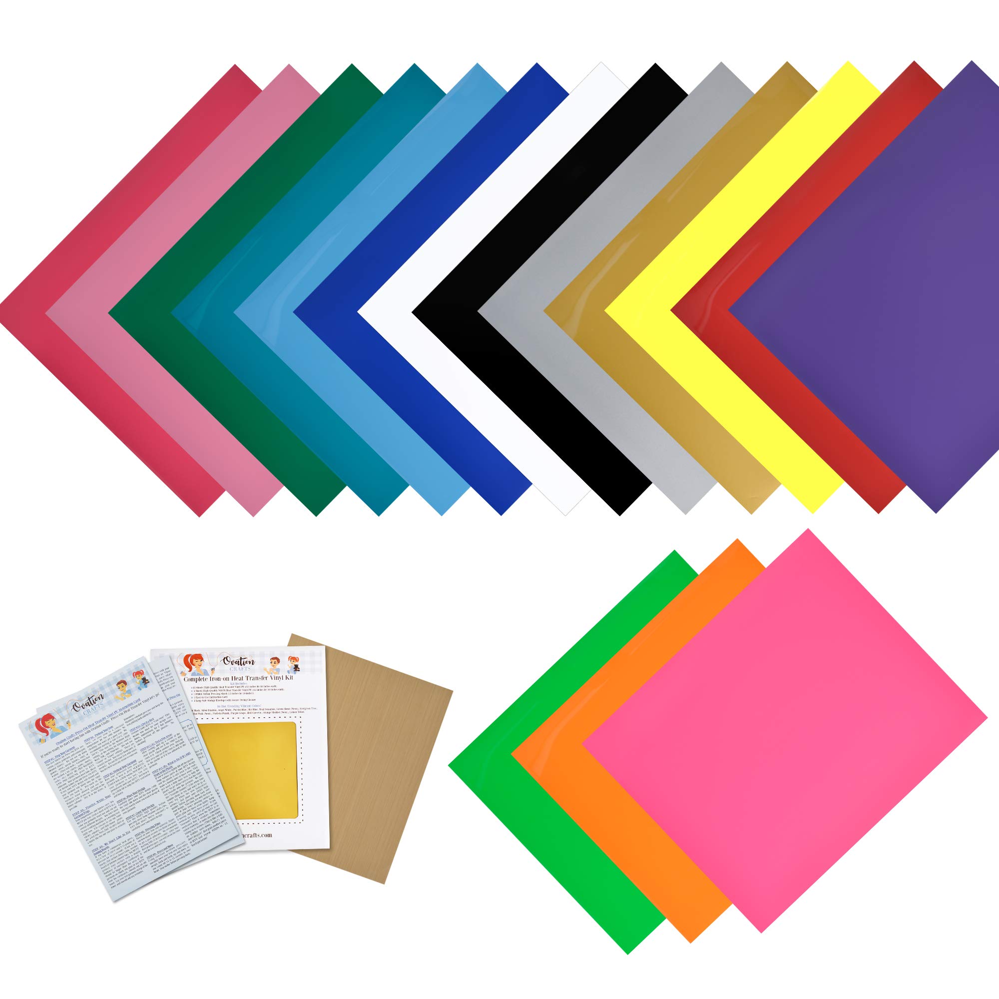 Ovation Crafts HTV Vinyl - Heat Transfer Vinyl Sheets - for Cricut Iron On Vinyl for T Shirts - Stretch HTV- Iron On Vinyl Bundle - A Pressing Sheet & Great Directions Always Included!